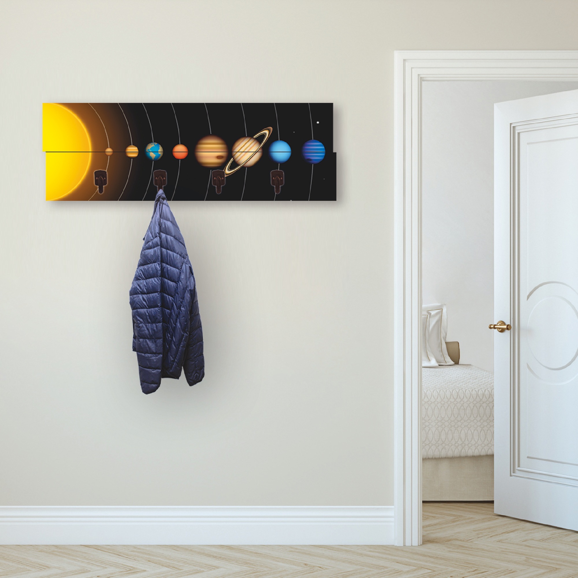 Image of Artland Garderobenleiste »Vector Sonnensystem mit Planeten«, platzsparende Wandgarderobe aus Holz mit 4 Haken, geeignet für kleinen, schmalen Flur, Flurgarderobe bei Ackermann Versand Schweiz