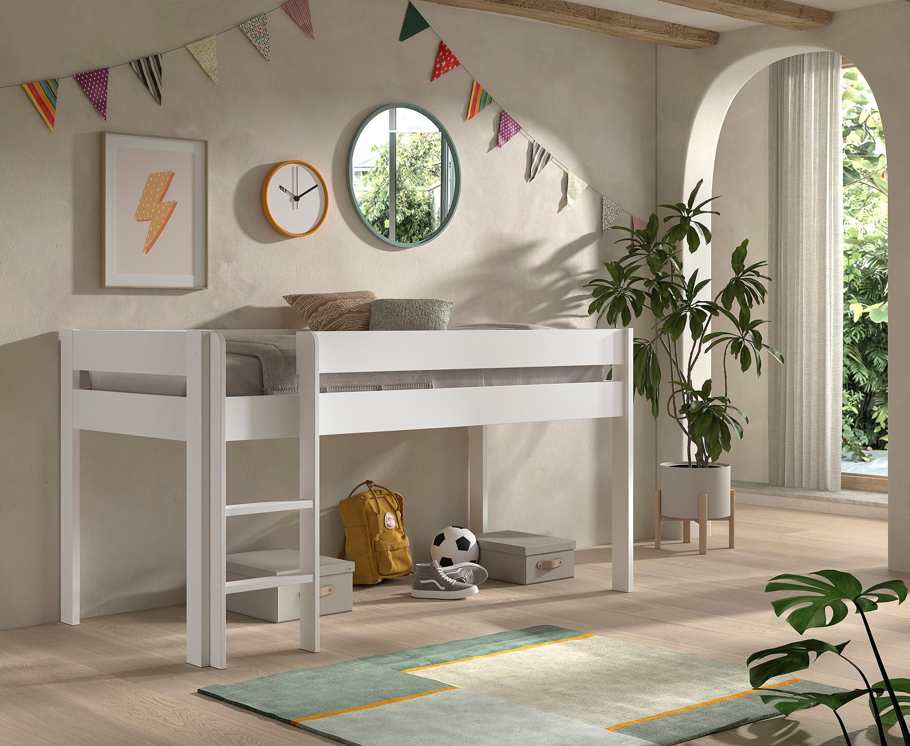 Vipack Spielbett »Primo, mit umlaufenden Absturzschutz, Leiter recht/links montierbar« Kiefer massiv weiss lackiert, 90x200 cm inkl. Rolllattenrost