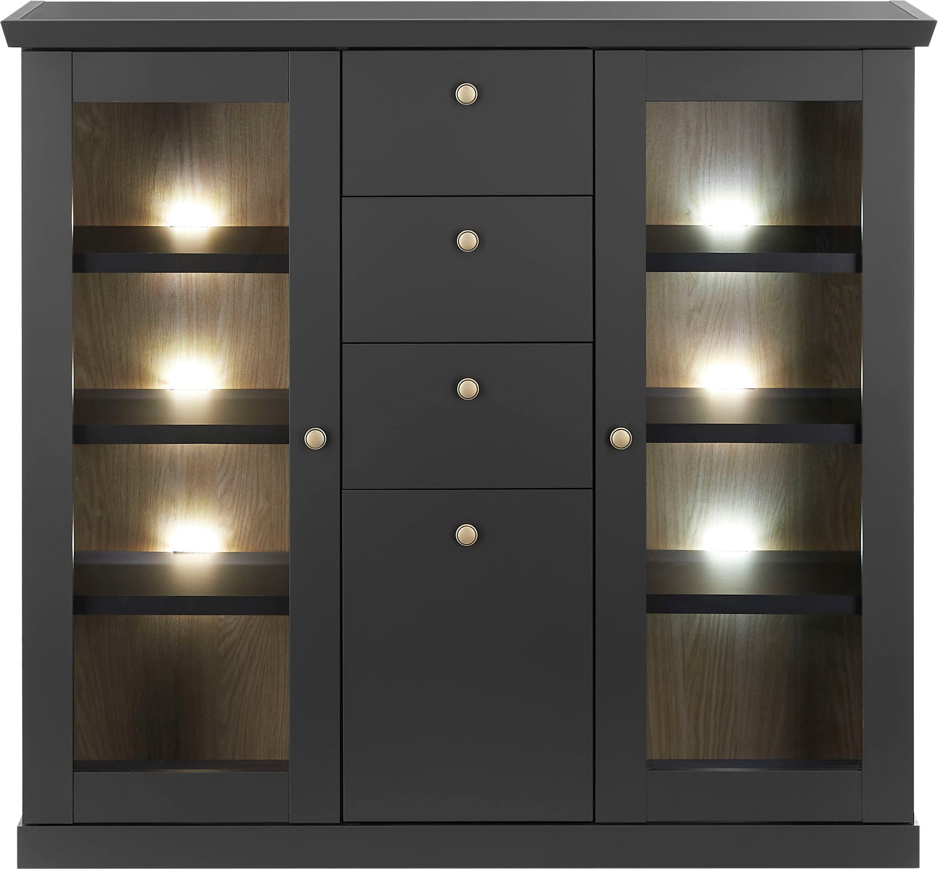 Home affaire Highboard »Lincoln, moderner Schrank, schwarzer Stauraumschrank, 129 cm breit« edles Design, messingfarbene Knopfgriffe, vielseitig einsetzbar