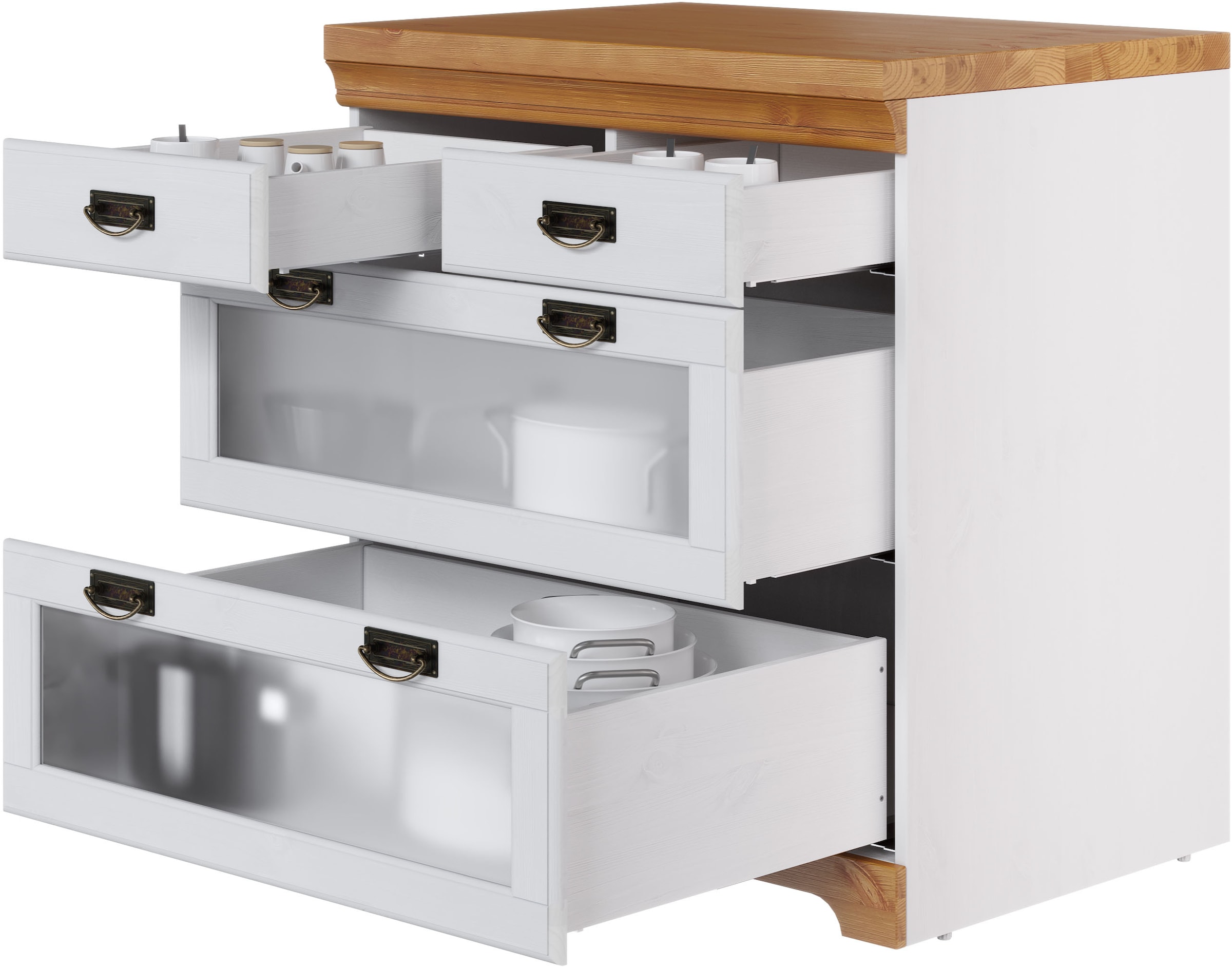 GOODproduct Armoire basse »Rügen« Breite 80 cm, Kiefer massiv, Schubkästen mit Glaseinsatz