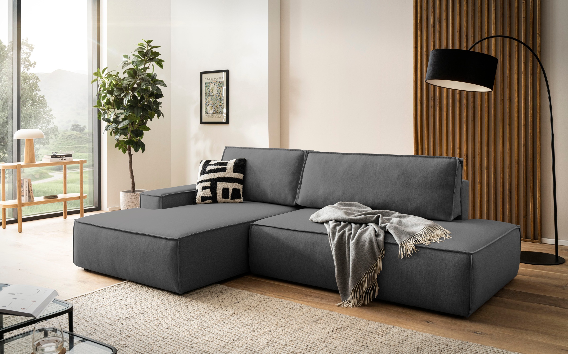 Image of GOODproduct Ecksofa "SHERWOOD Leinenoptik Schlafsofa in L-Form offen (275cm)" Schlaffunktion und Bettkasten, Kedernaht, hoher Sitz- & Liegekomfort