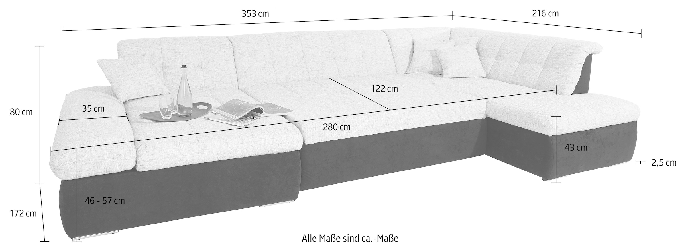 DOMO collection Wohnlandschaft »PB Moric wahlweise mit Bettfunktion und Armteilverstellung  U-Form«, XXL-Format B/T/H: 353/216/80 cm, feine Steppung, incl. Zierkissen