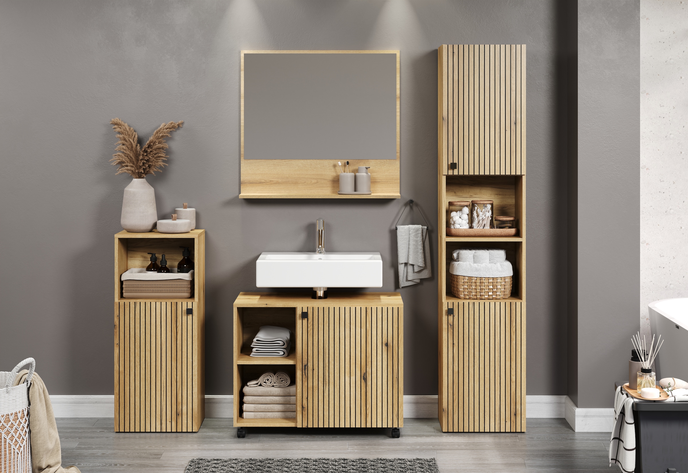 welltime Badmöbel-Set »Amrum Waschbeckenunterschrank Spiegel Hochschrank Badschrank« Komplett-Set, 4 Stk. tlg.