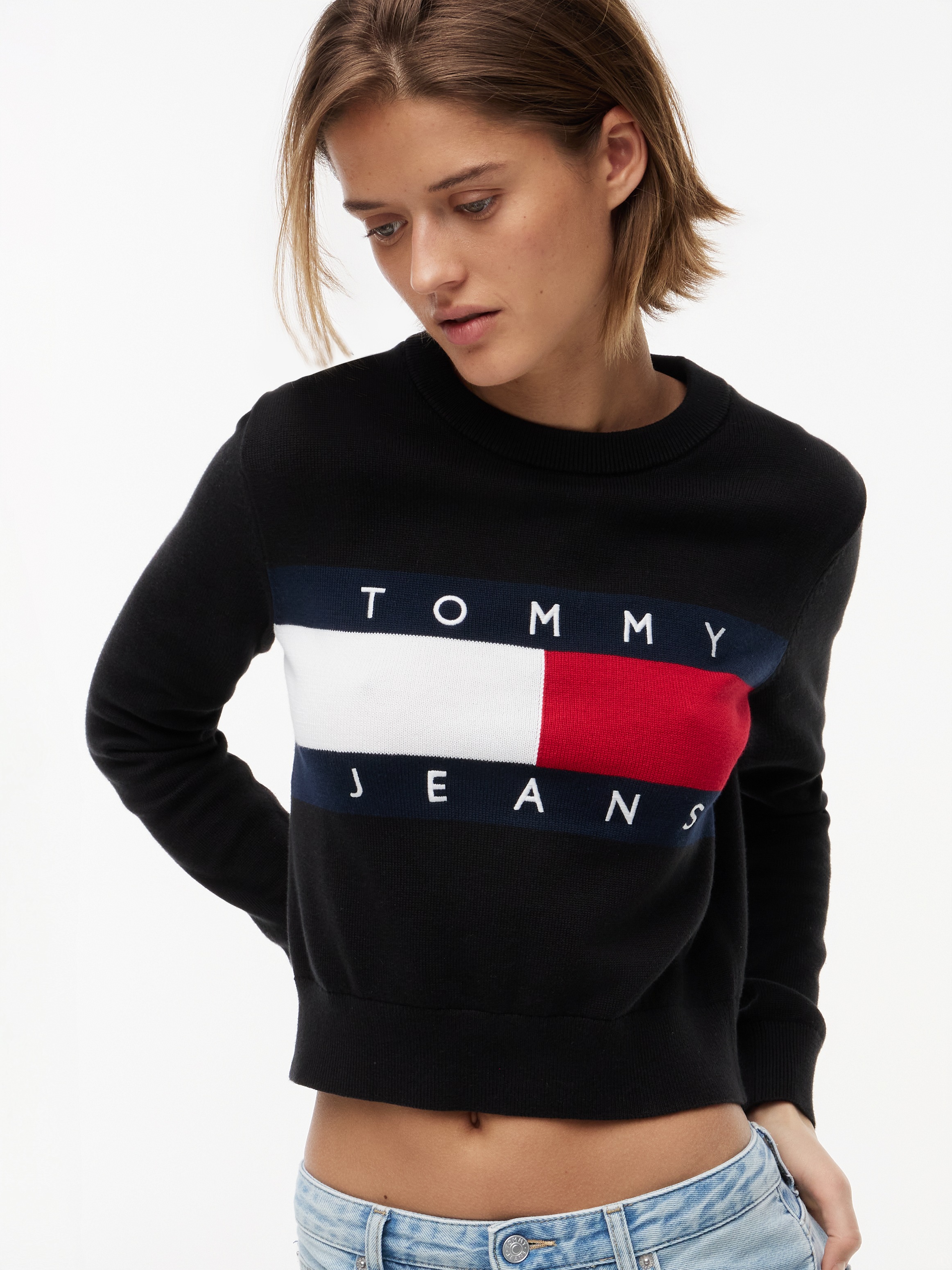 Tommy Jeans Rundhalspullover »TJW FLAG CREW NECK SWEATER EXT« Baumwolle, Flag Strickmuster