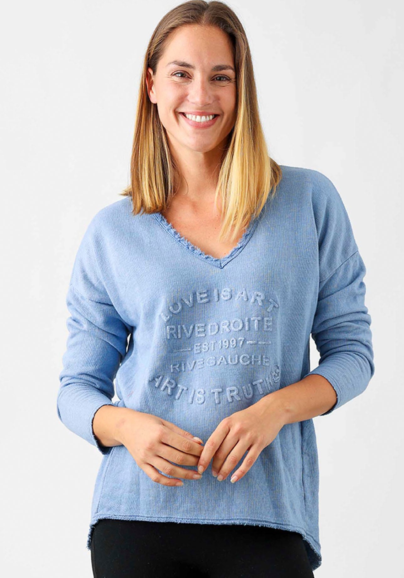 Image of Zwillingsherz Sweatshirt, ausgefranster V-Ausschnitt, Vintage Look, Langarm