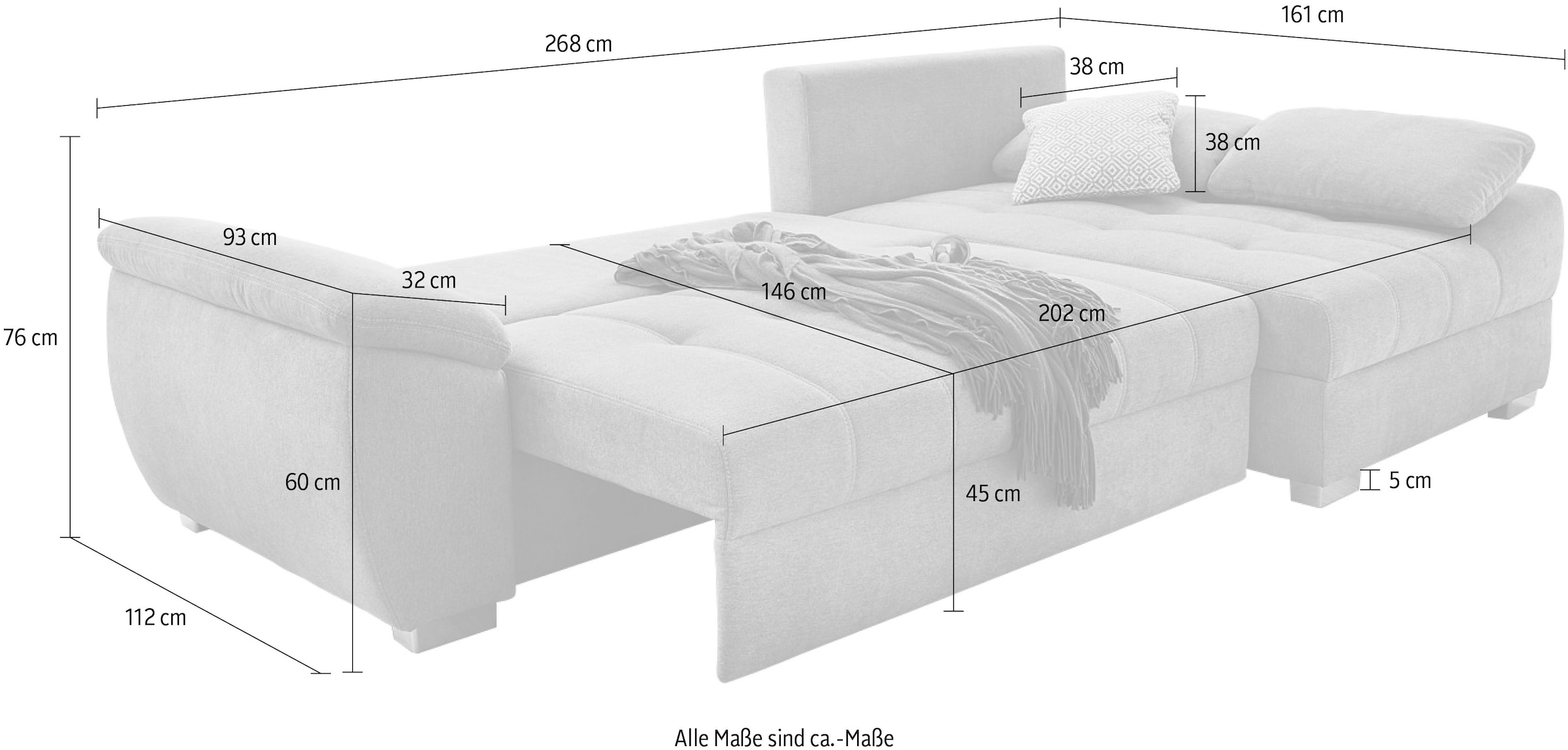 Jockenhöfer Gruppe Canapé d'angle »Alster L-Form, B: 268 cm« mit Bettfunktion, Bettkasten & Zierkissen