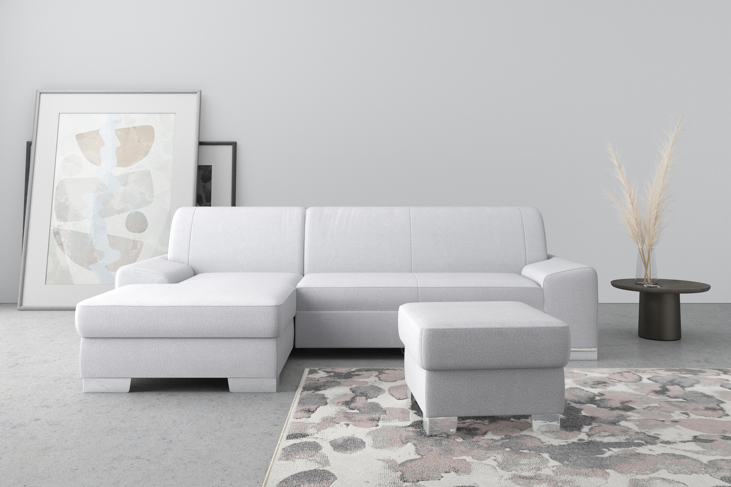 Image of DOMO collection Ecksofa "Anzio L-Form, whlw. Bettfunktion, Federkern, hochwertig, Breite 271 cm" Ohne Bettfunktion, Recamiere links, Feinstruktur, silber