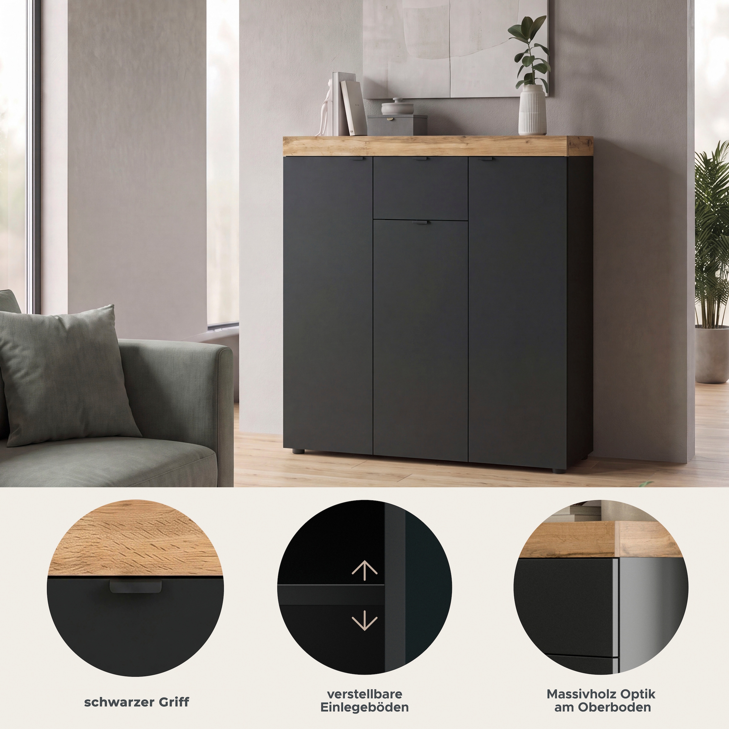 GOODproduct Highboard »MAMBO II, Breite 105cm, 3 Türen, 1 Schubkasten, 9 Fächer« 1 Stk. tlg. Kommode, Sideboard, Wohnzimmer, Schlafzimmer