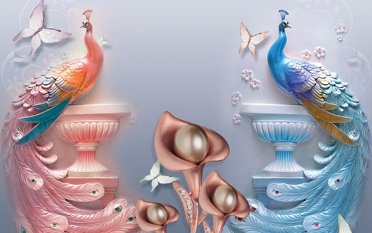 Image of Papermoon Fototapete »Muster mit Blumen und Pfaun rot blau«, Vliestapete, hochwertiger Digitaldruck, inklusive Kleister bei Ackermann Versand Schweiz