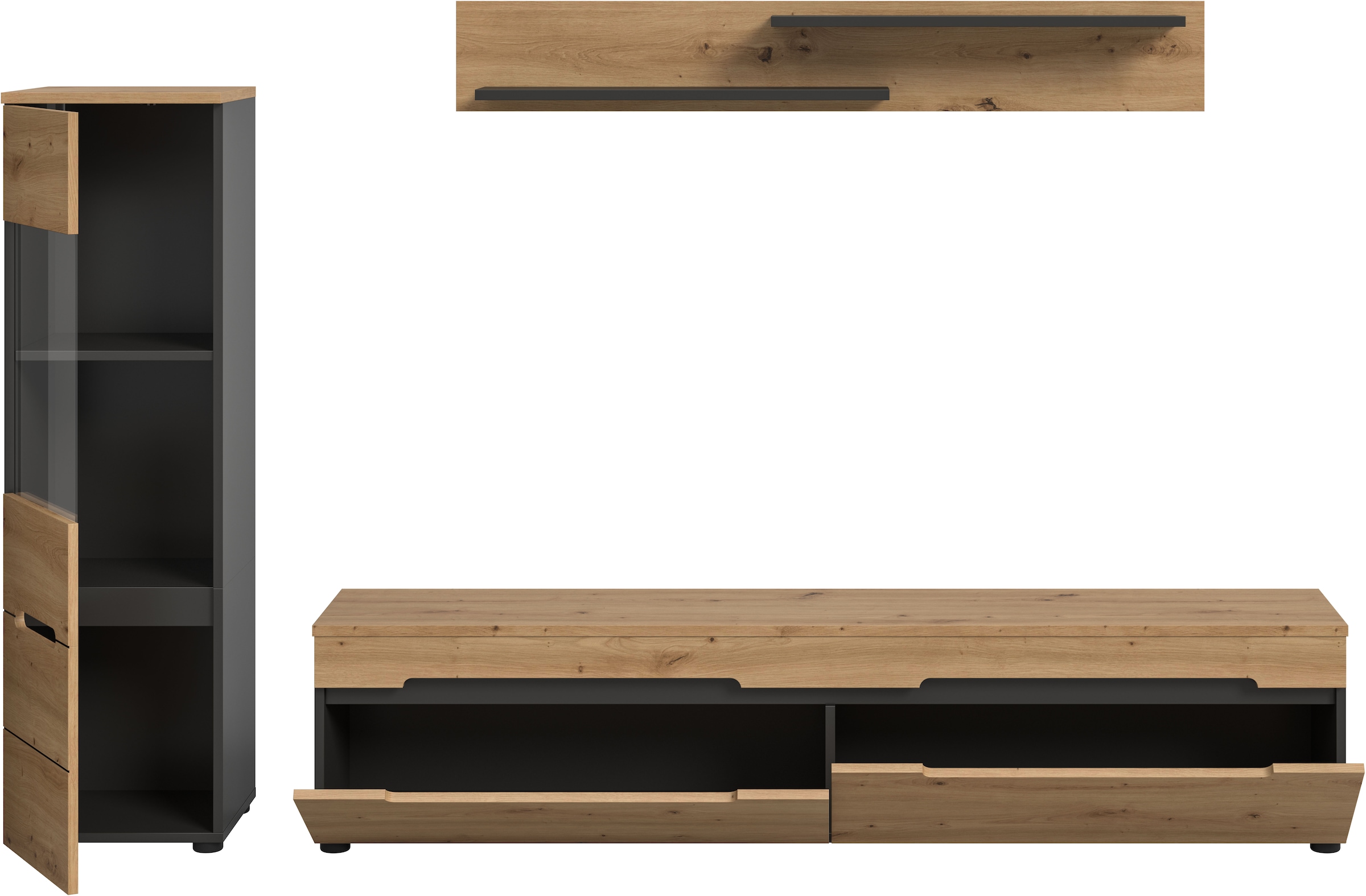 INOSIGN Wohnwand »REHAT, TOPSELLER!, 3-teilig, wahlweise stehend und hängend montierbar« Set bestehend aus: Vitrine, Lowboard und Wandboard, 2 Stk. tlg.