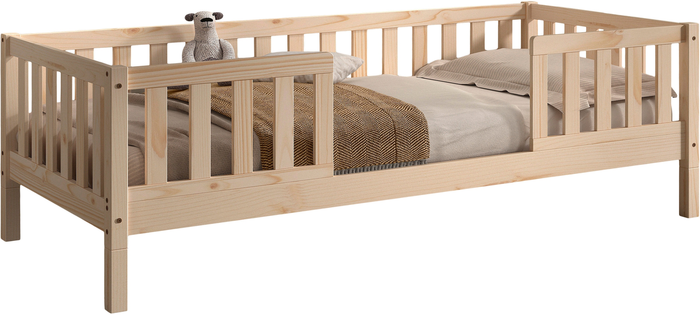 Vipack Kinderbett »Dallas, massiv Bett, Rausfallschutz, umbaubar vom Boden- zum Daybett« inkl. Rolllattenrost und Sprossenumrandung, 90 oder 140x200 cm breit,  stabil und standfest gebaut, wahlweise Kiefer massiv natur oder weiss