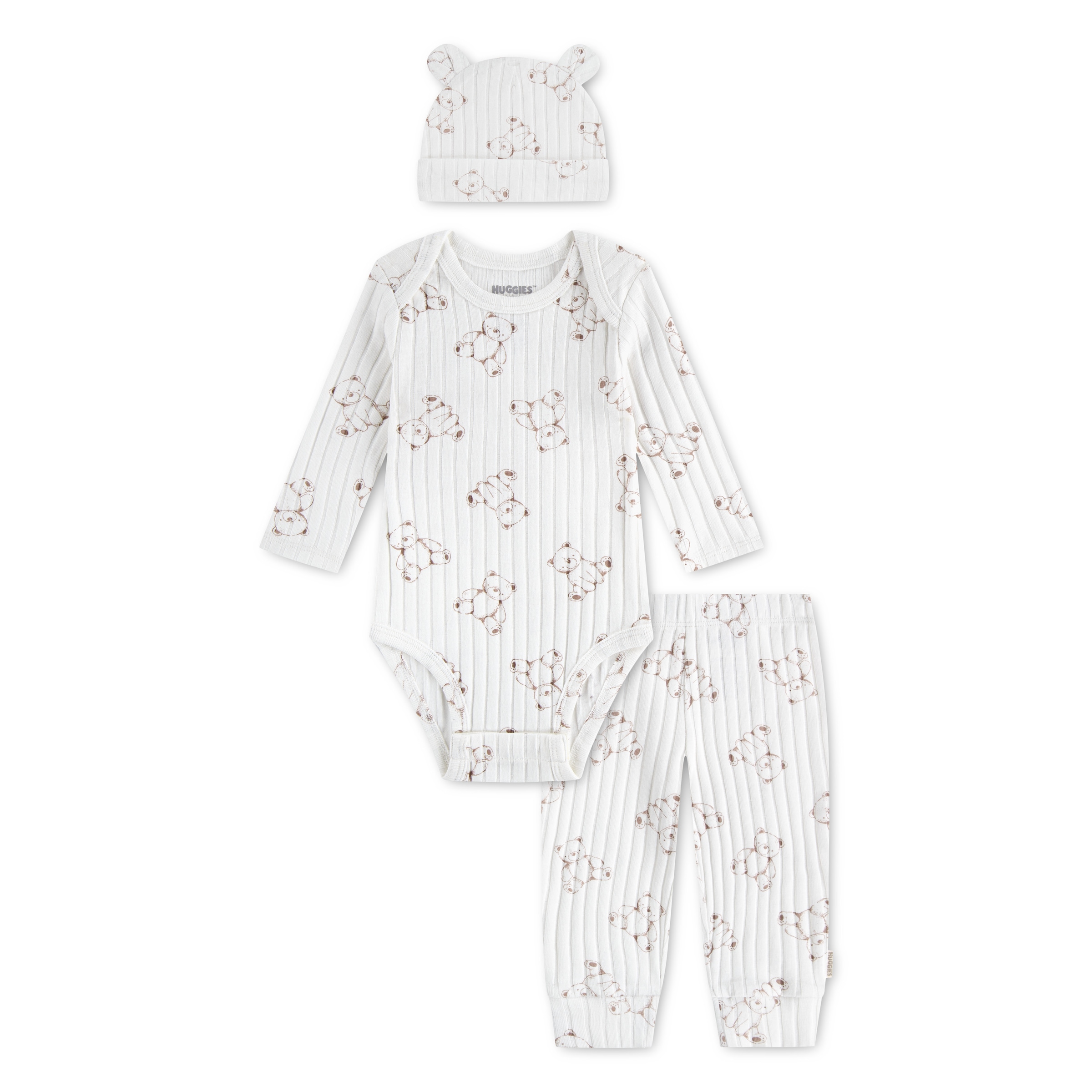 Image of HUGGIES babywear Body & Hose "HUGN BODYSUIT PANT SET + ATTAC" Set, 3 mit Allover-Bärchenprint und passendem Mützchen