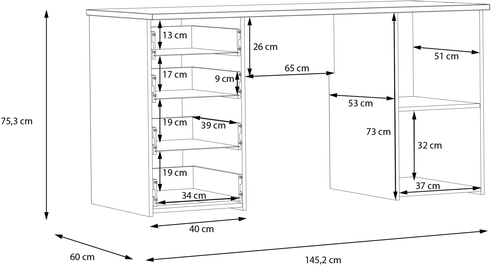 FORTE Schreibtisch »Goldsboro« mit 4 Schubladen, Soft-Close, Metallgriffe in schwarz, Breite 145 cm