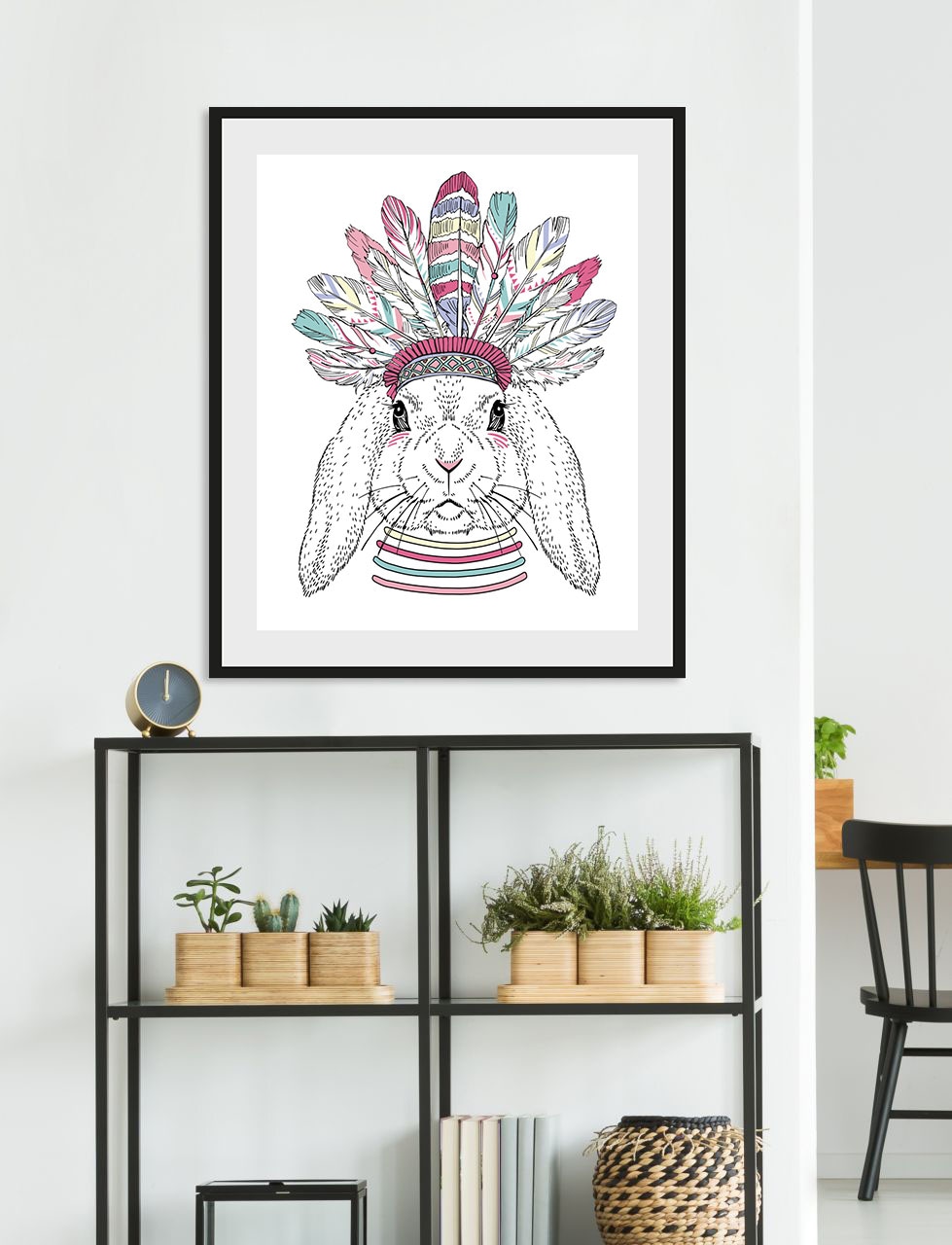 queence Bild »Indiana Bunny«, Hase-Hasen-Kunst-Haustiere-Federn, (1 St.), HD Premium Poster-Druck inkl. Holzrahmen