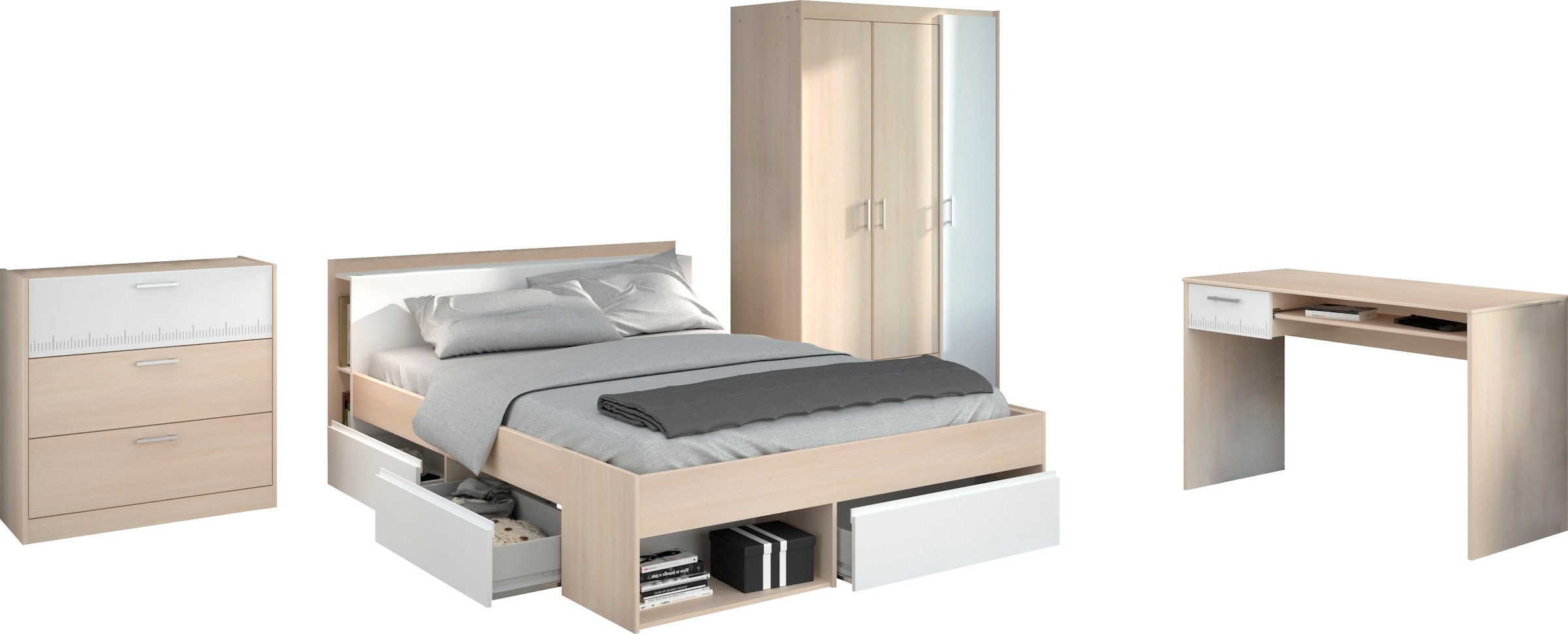 Parisot Jugendzimmer-Set »Most«, (Set, 4 tlg., Bett mit Schubkästen, Kleiderschrank, Schreibtisch, Schubkastenkommode)