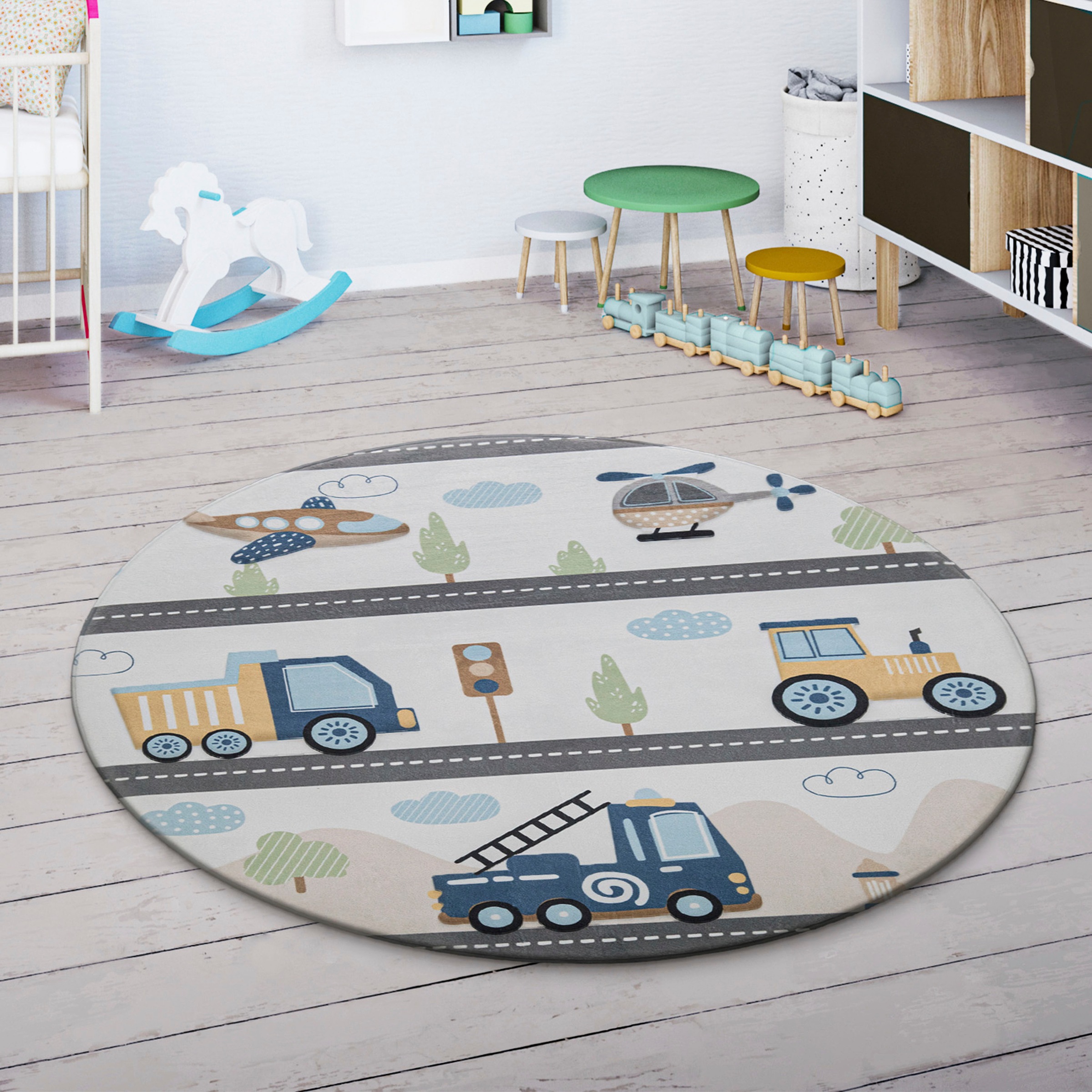 Paco Home Kinderteppich »Chicos 561«, rund, 4 mm Höhe, Flachgewebe, Spielteppich, Motiv Fahrzeuge, Kinderzimmer