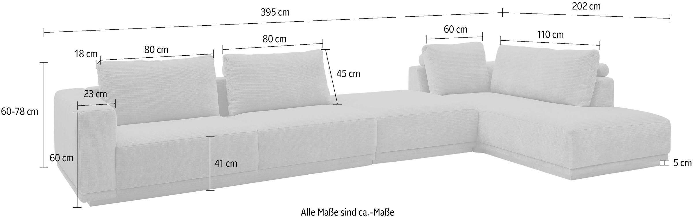 Musterring Paysage de salon »JustB! PM200 bequem, wahlw. Sitzvorzug, Breite 395cm, Holzsockel« canapé modulable accoudoir gauche, angle droit et pouf. Sans coussin d'assise