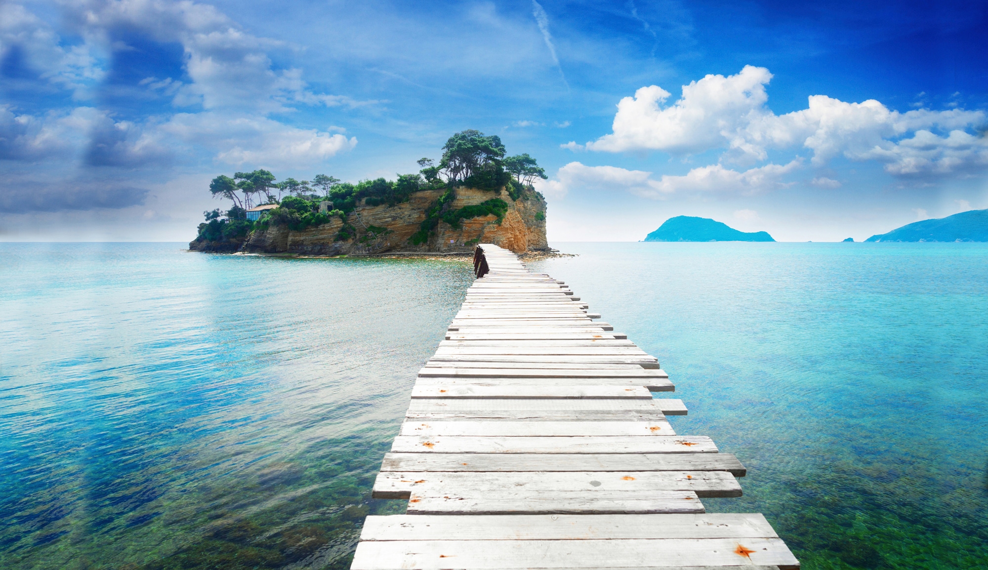 Image of Papermoon Fototapete "HOLZ-BRÜCKE-AGIOS SOSTIS INSEL PIER STEG MEER SEE WALD"