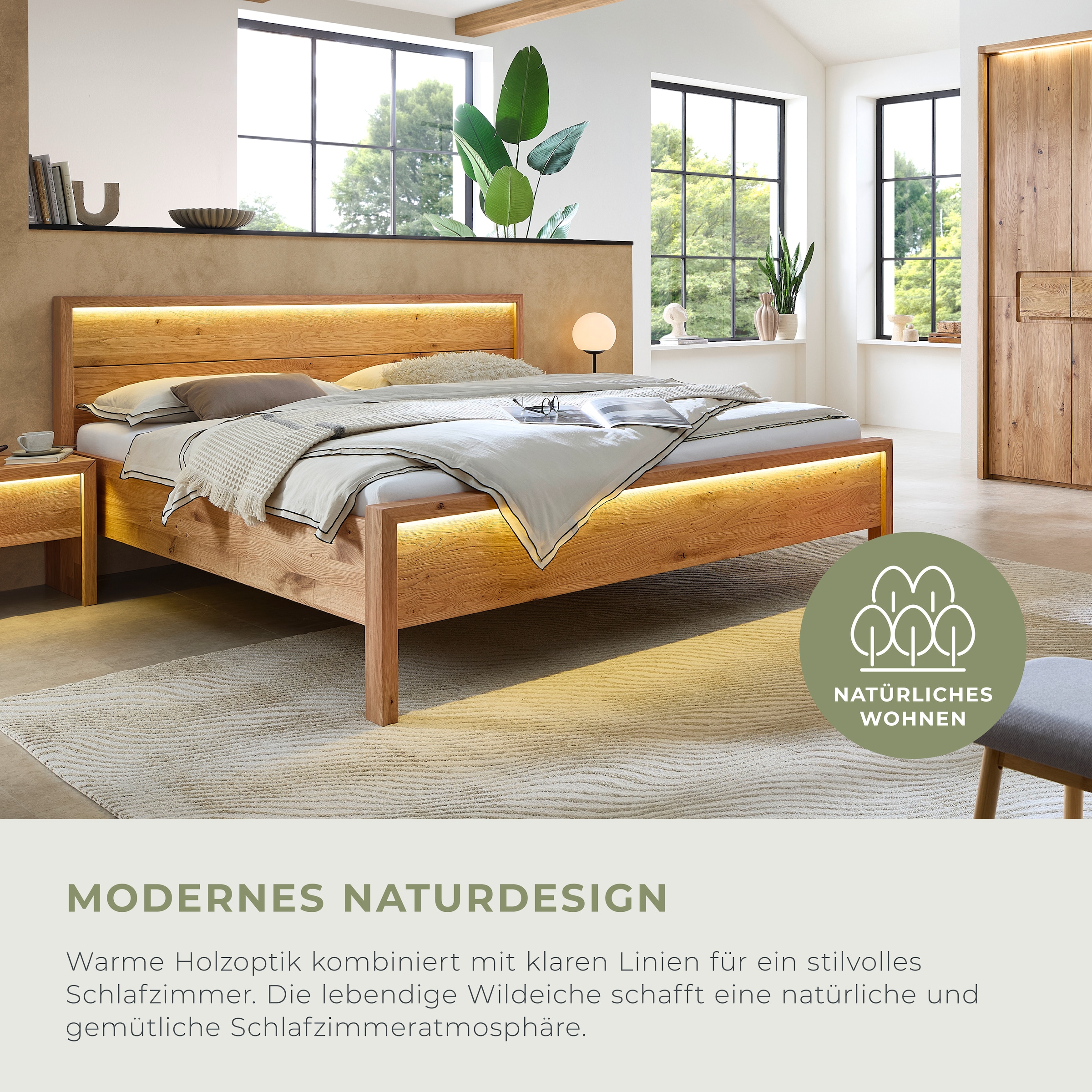 Home affaire Lit en bois massif »Ambroise aus Wildeiche« inkl. LED-Beleuchtung, wahlweise auch in Überlänge erhältlich