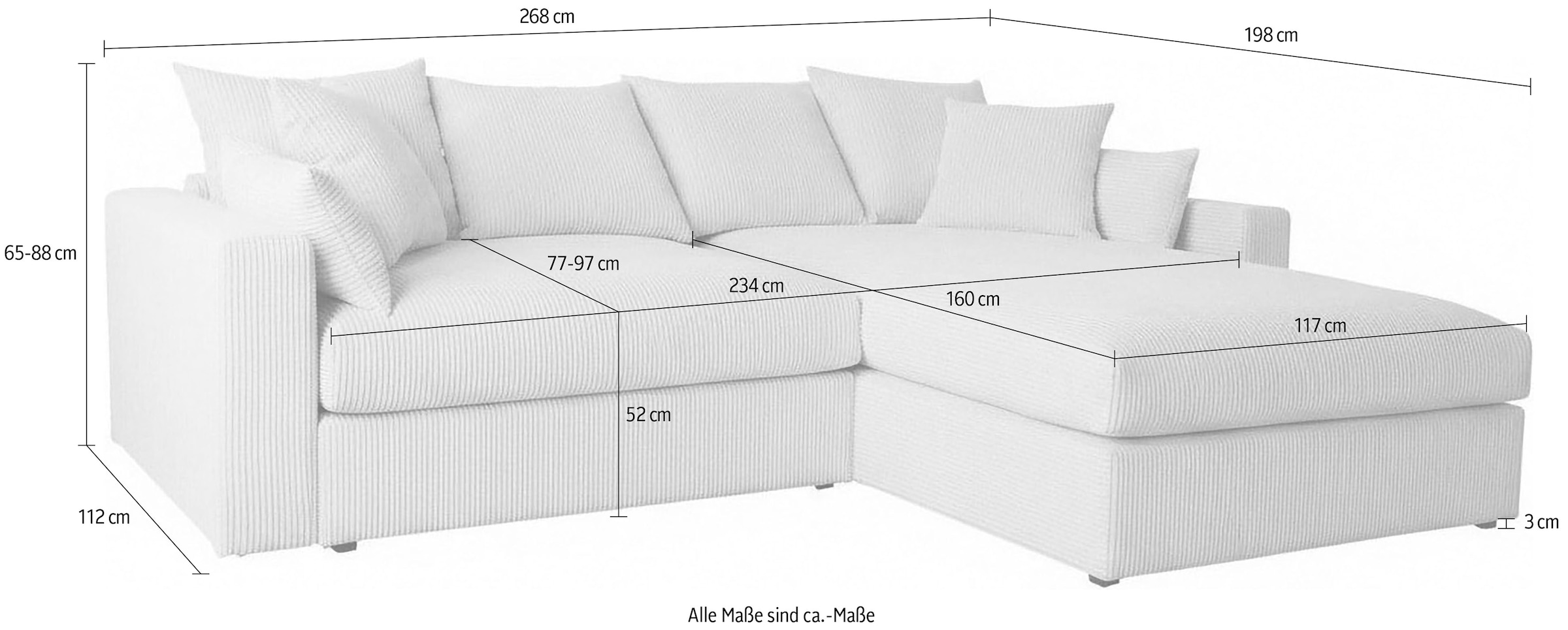 GOODproduct Canapé d'angle »Cosy Lounge L-Form, Breite 268 cm« méga canapé recouvert de velours côtelé, avec ressorts et 5 coussins décoratifs