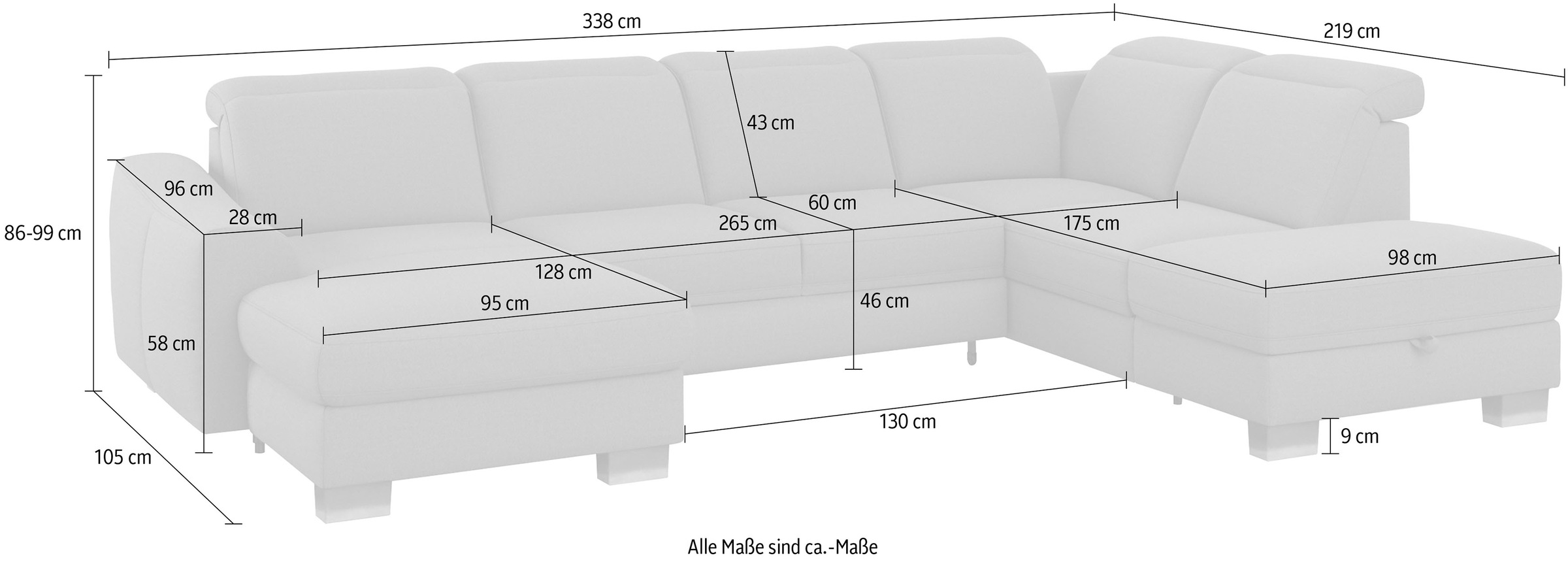 sit&more Wohnlandschaft »Dundee U-Form«, mit Federkern und Edelstahlfüssen, wahlweise mit Kopfteilverstellung