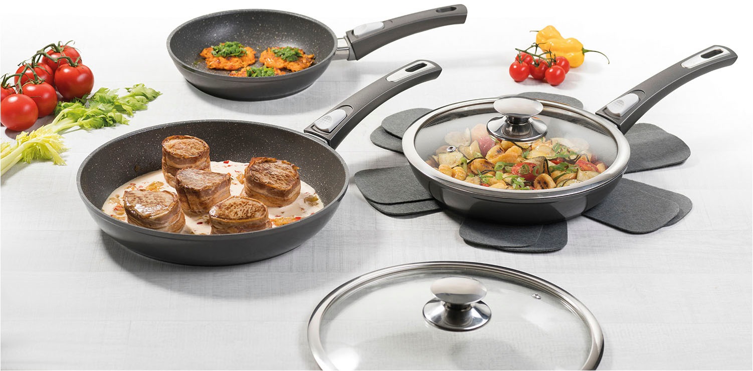 Genius Pfannen-Set »Bonafit Ø 20, 24, 28 cm, inkl. Rainbow Schwämme, Set 9-tlg.« Edelstahl 18/10 Set, Bonafit - Pfannen 20cm, 24cm, 28cm, 2x Deckel, 2x Einleger, 2x Schwamm, 9 Stk. tlg. abnehmbarer Griff, hitzebeständig, spülmaschinengeeignet