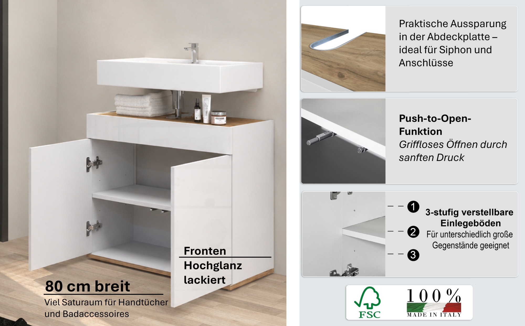 welltime Armoire sous lavabo »Garda« 1 cuis tlg. Made in Italy, façades laquées haute brillance, beaucoup de rangement