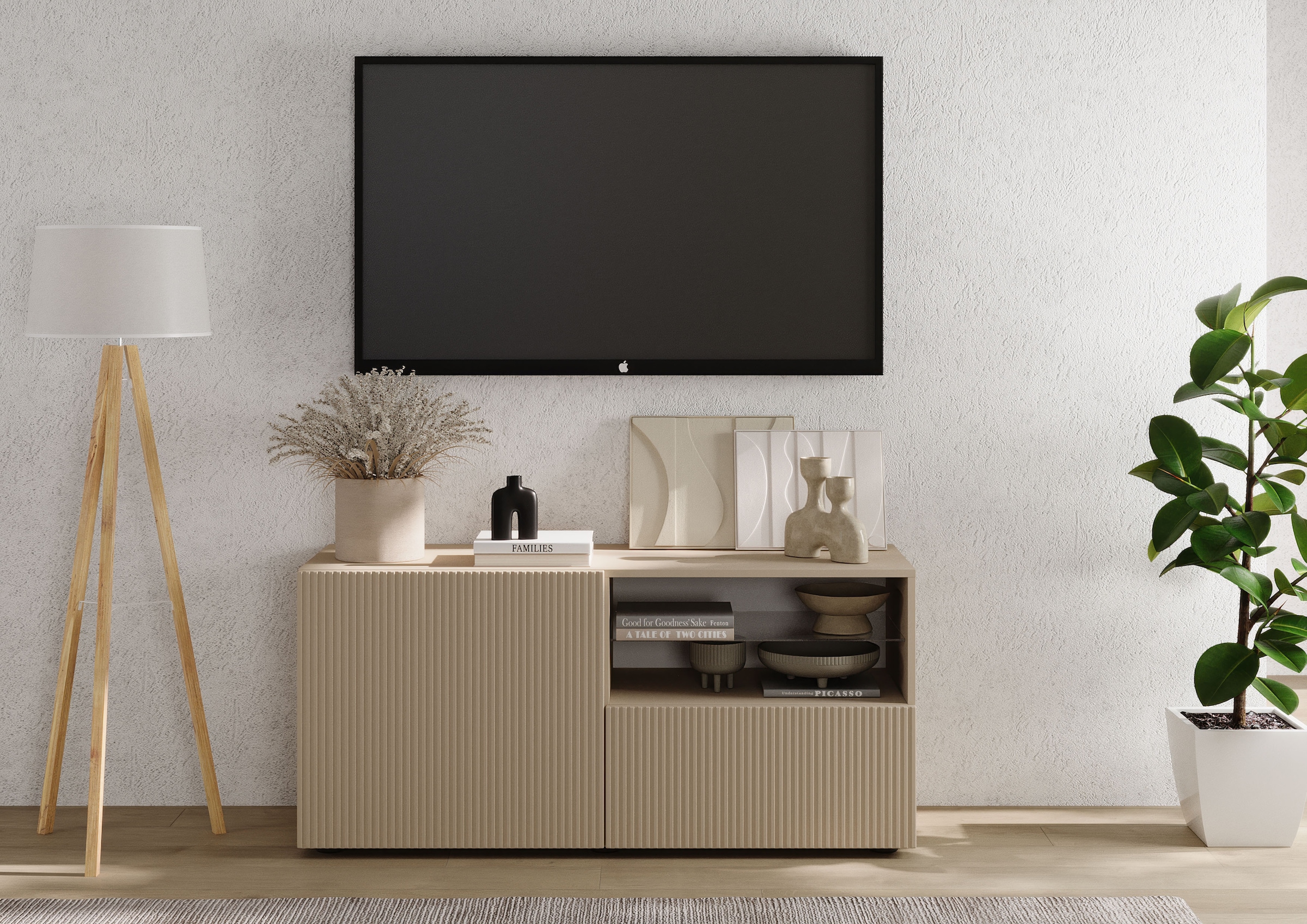 Image of Home affaire Lowboard "Rio Breite 120 cm, TV-Board 1 Tür u. 1 Schubkasten, TV-Schrank" geriffelte MDF-Fronten, modern u. elegant, Kabelführung, platzsparend