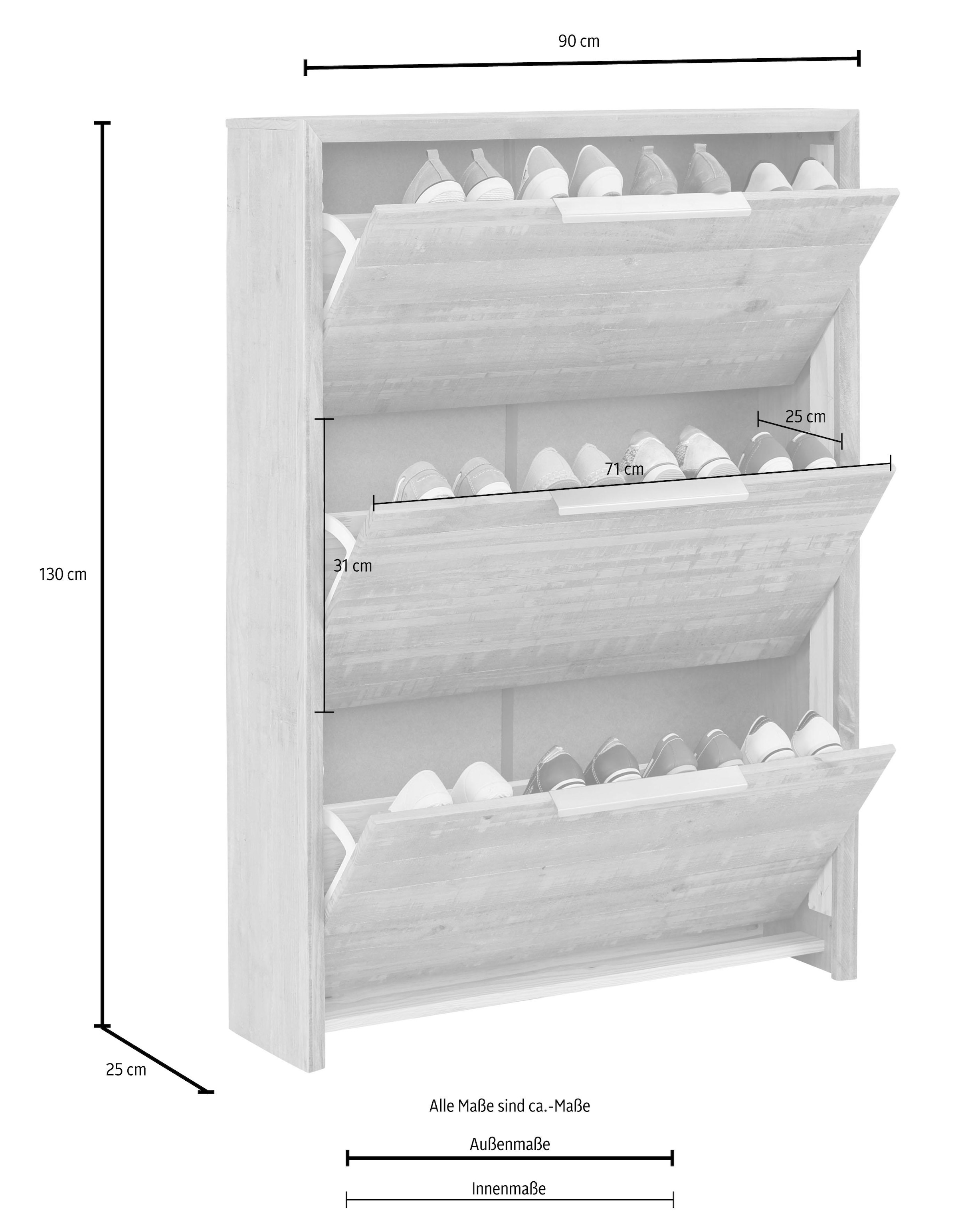 Home affaire Schuhkommode »Auckland«, in rustikaler Optik, mit 3 Klappen, aus Massivholz, Höhe 130 cm