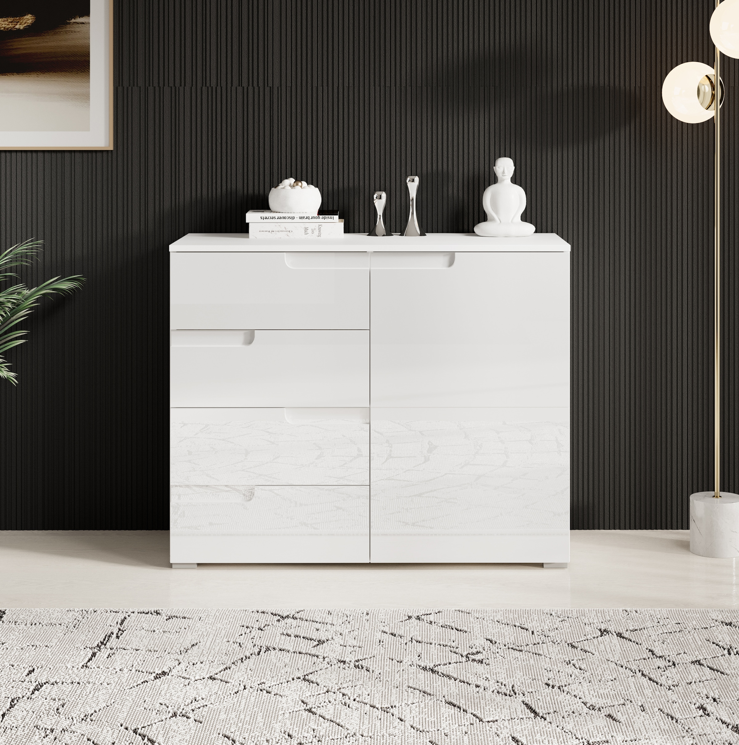 Image of HBZ Kommode "Spice weiss hochglanz, BxHxT 100x80x40 cm" Kommode mit 1 Tür, 4 Schubkästen und 1 Einlegeboden