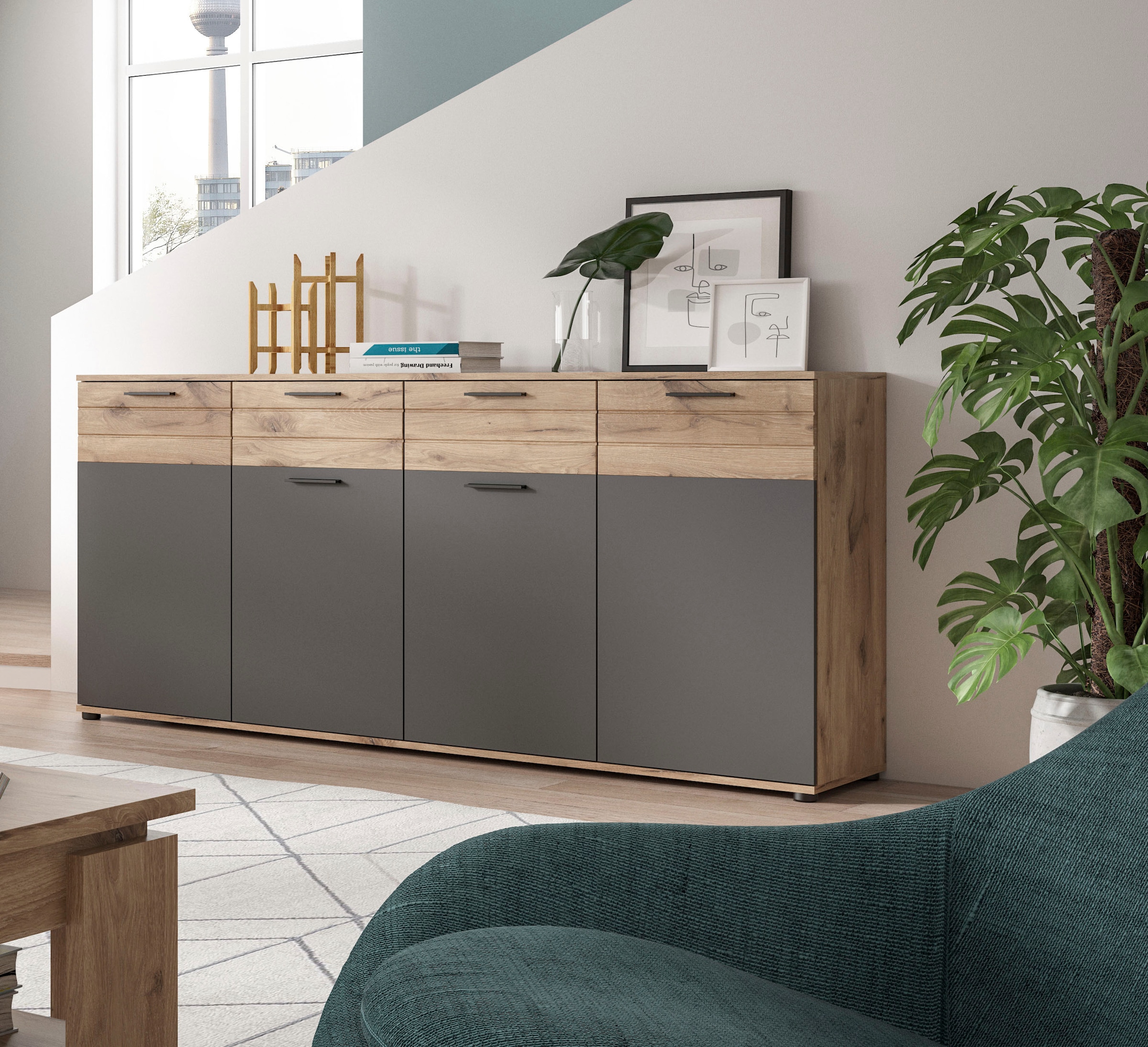INOSIGN Sideboard »Riga, Breite 180cm, 4 Türen, 2 Schubkästen, 6 Einlegeböden, 10 Fächer« hochwertige Rillenfräsung, mit Softclose, Kommode, Anrichte, Schrank