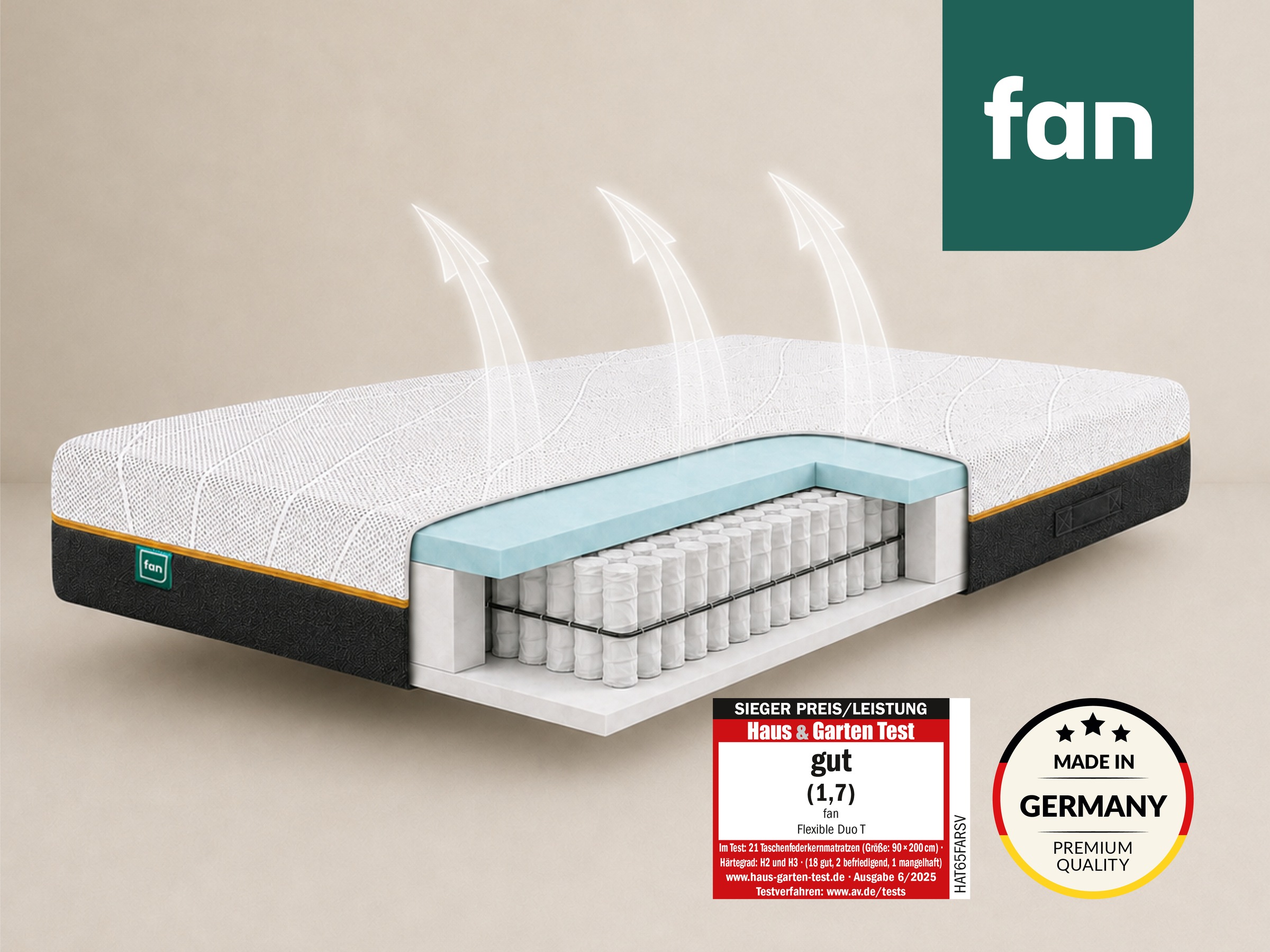 fan Matelas à ressorts ensachés »fan Flexible Duo T, Matratze 90x200 cm, 140x200 cm & mehr, in H2/H3« 22 cm hoch 1.034 Federn 1 cuis tlg. Matelas réversible avec housse Pure Fresh, 1034 ressorts (pour 100 x 200 cm)