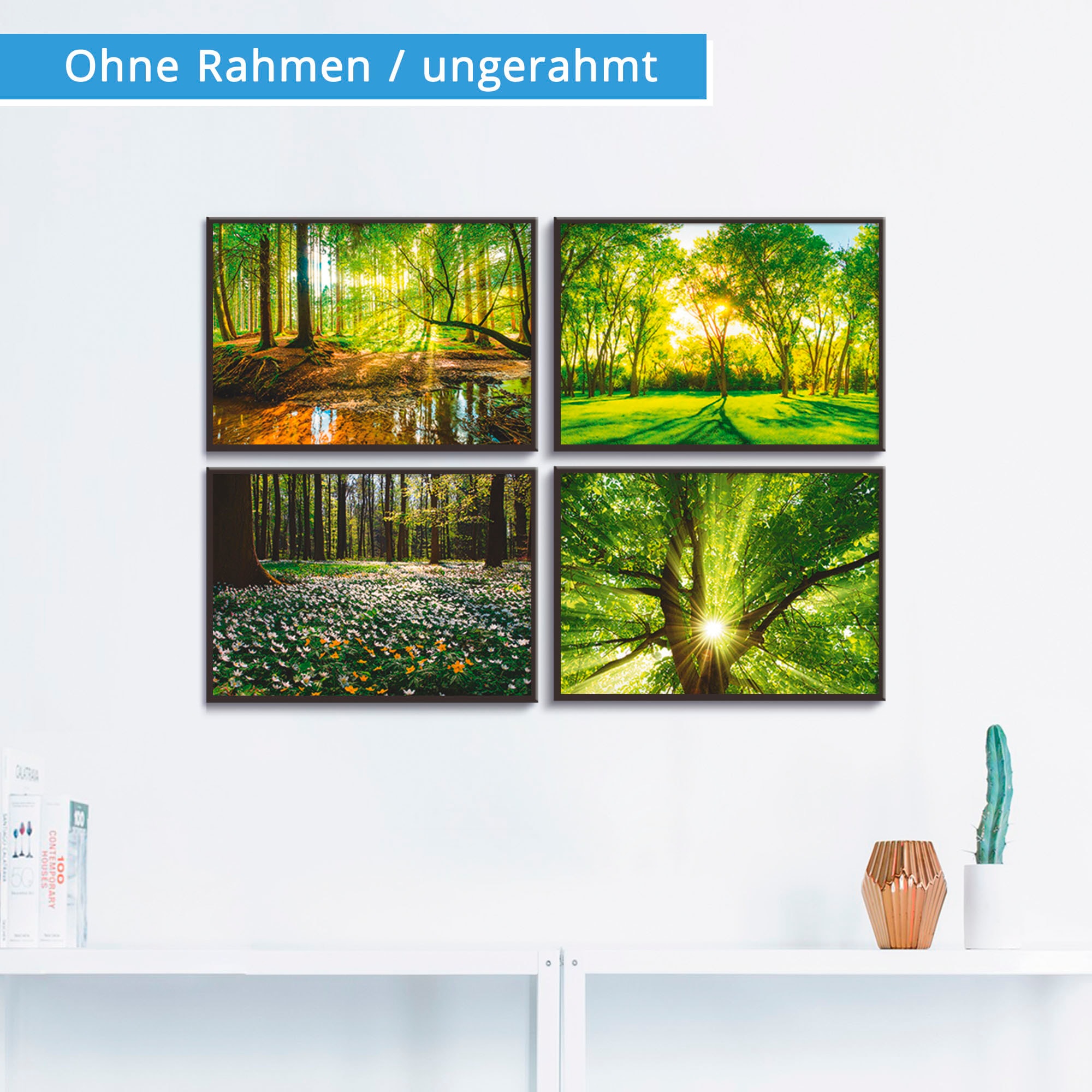 Artland Poster »Wald kaufen Wandposter Wald, Sonne Baum«, St.), Bach Frühling Poster, Windrosen Wandbild, (4 Bild