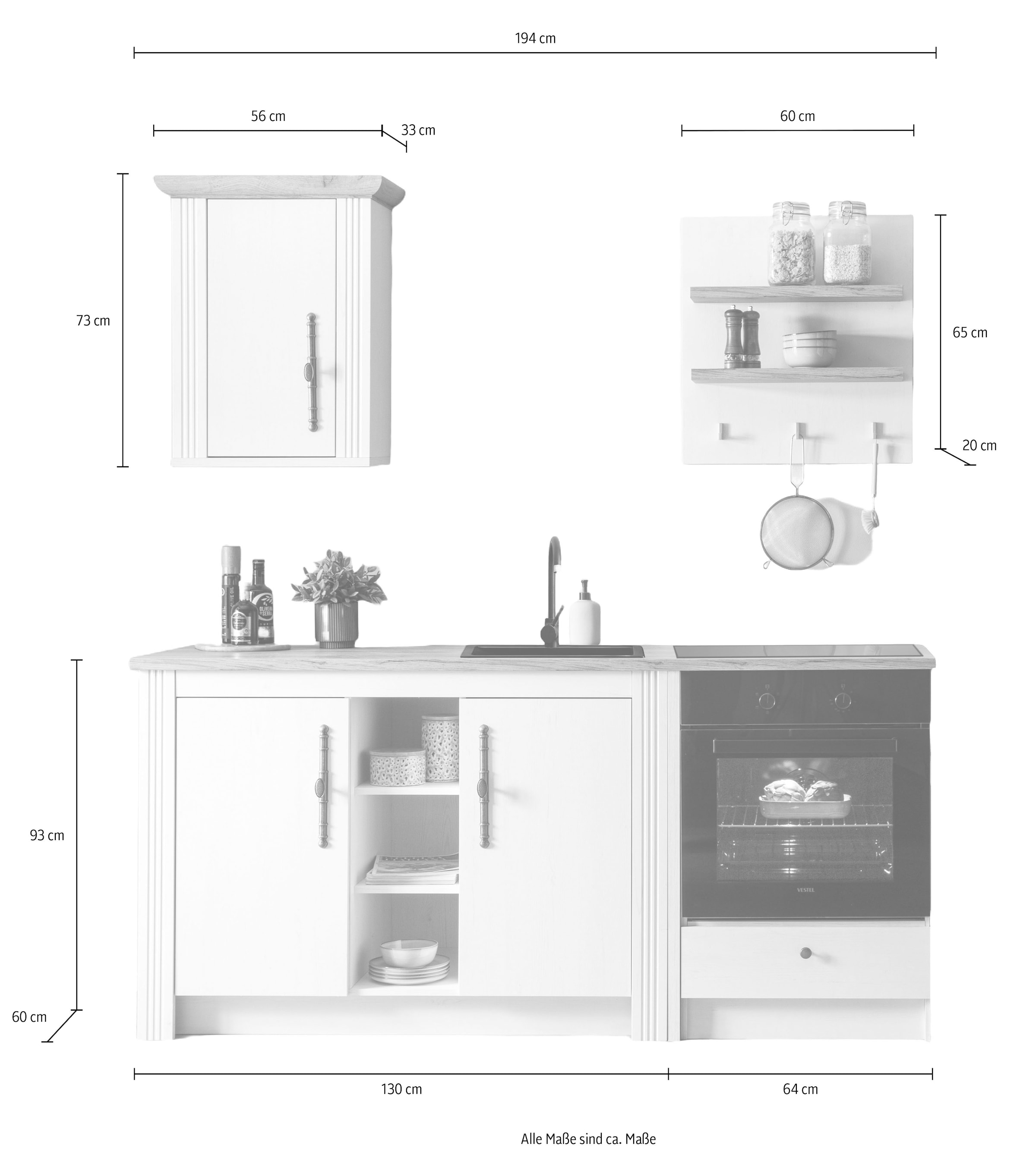 GOODproduct Küchenzeile »KS-Westminster, Pantryküche im Landhaus Stil, hochwertige Metallgriffe« Set,  Breite 194 cm, Kommode, Wandpaneel, Hängeschrank und Herdumbau