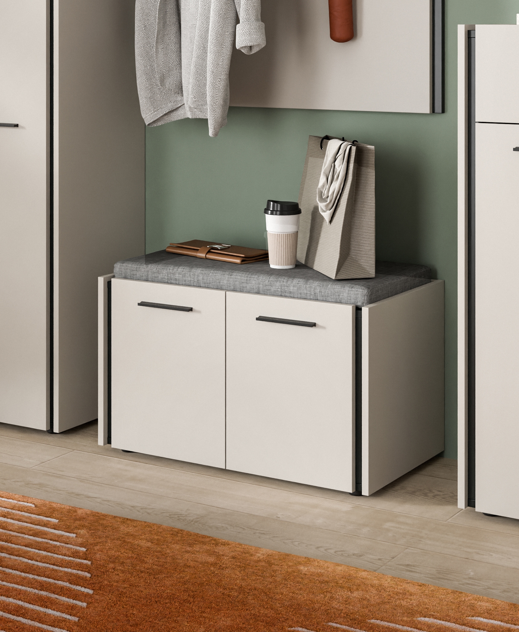 Home affaire Sitzbank »RAK, Breite 75 cm, inkl. Sitzkissen, 2 Türen, 2 Einlegeböden, 4 Fächer« bietet Platz für ca. 12 Schuhe,  Bank, Garderobenbank, Dielenbank, Flurbank, Kommode