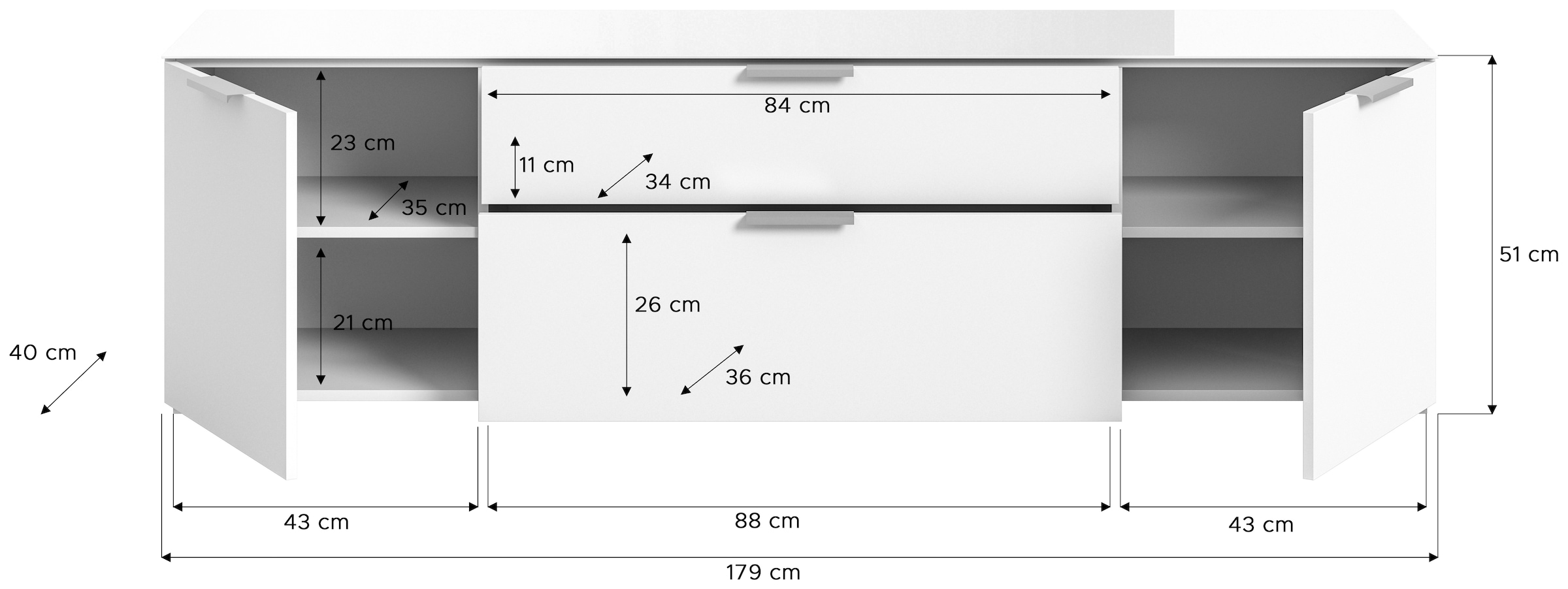 INOSIGN Lowboard »Raio, Breite 179 cm, 2 Türen, 2 Schubkästen, Oberboden mit Glasplatte«, TV-Board, TV-Schrank, Mediaboard, Fernsehschrank