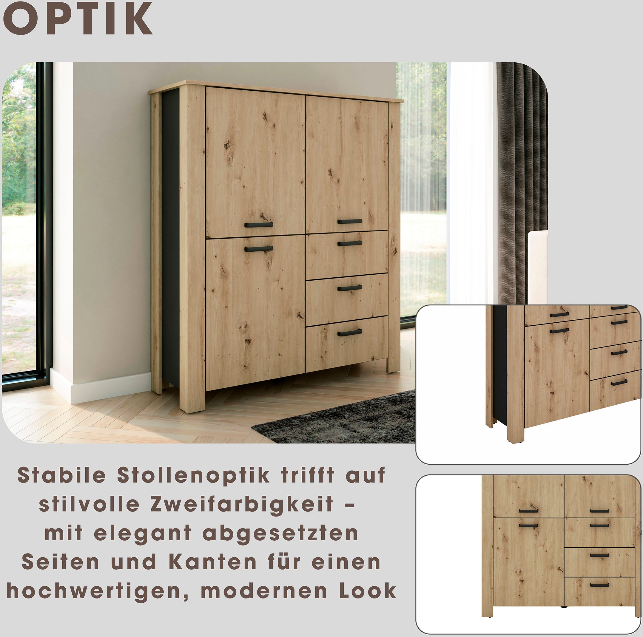 byLIVING Vitrine »Highboard Faro« 1 Stk. tlg. 3 Türen und 3 Schubkästen für maximale Ordnung, verschiedene Farben.