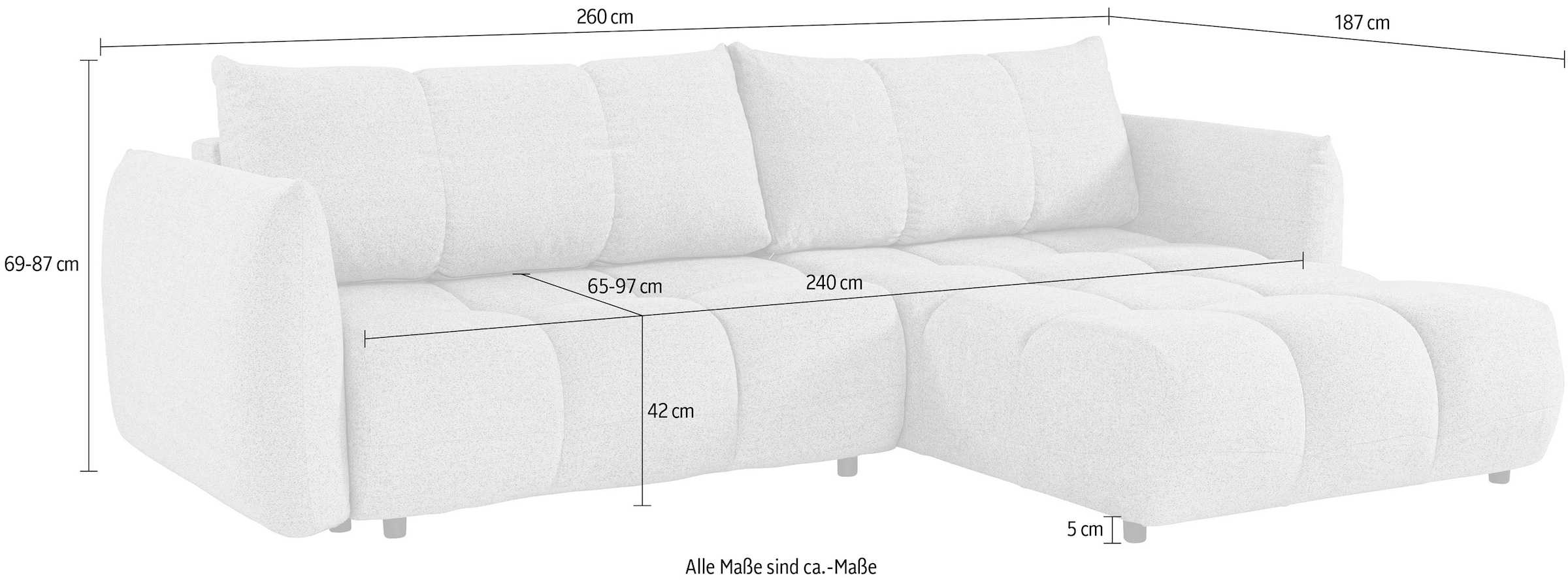 exxpo - sofa fashion Canapé d'angle »Livonia, B/T: 260/187, modern & praktisch für kleine Räume« Mit Bettfunktion & Bettkasten,hoher Sitzkomfort,inkl. Steppung, L-Form