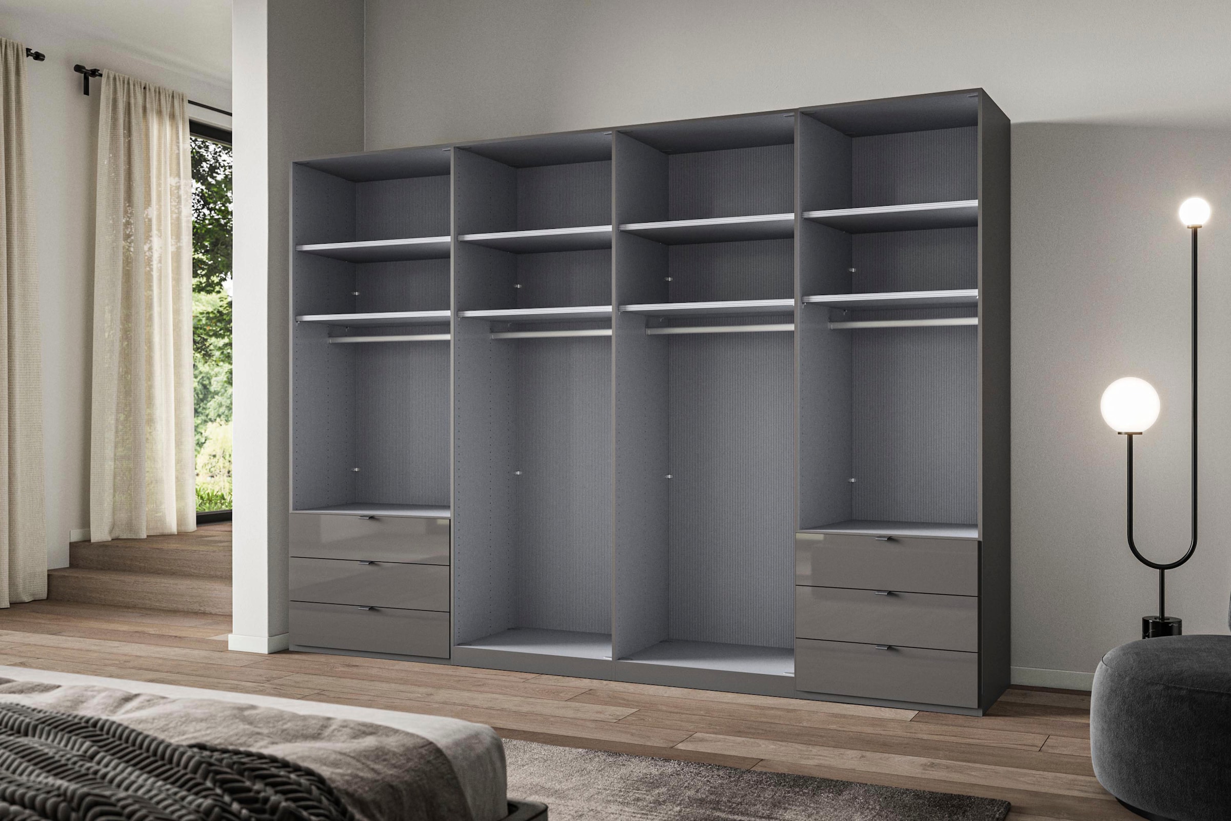 WIEMANN Armoire à portes pliantes »Ohio, Kleiderschrank, Schrank, Garderobe, mit Schubladen, 300 cm« inklusive Einlegeböden & Kleiderstangen, 2 Höhen, MADE IN GERMANY,  inklusive Tür und Schubkastendämpfung, hochwertige Glasfront