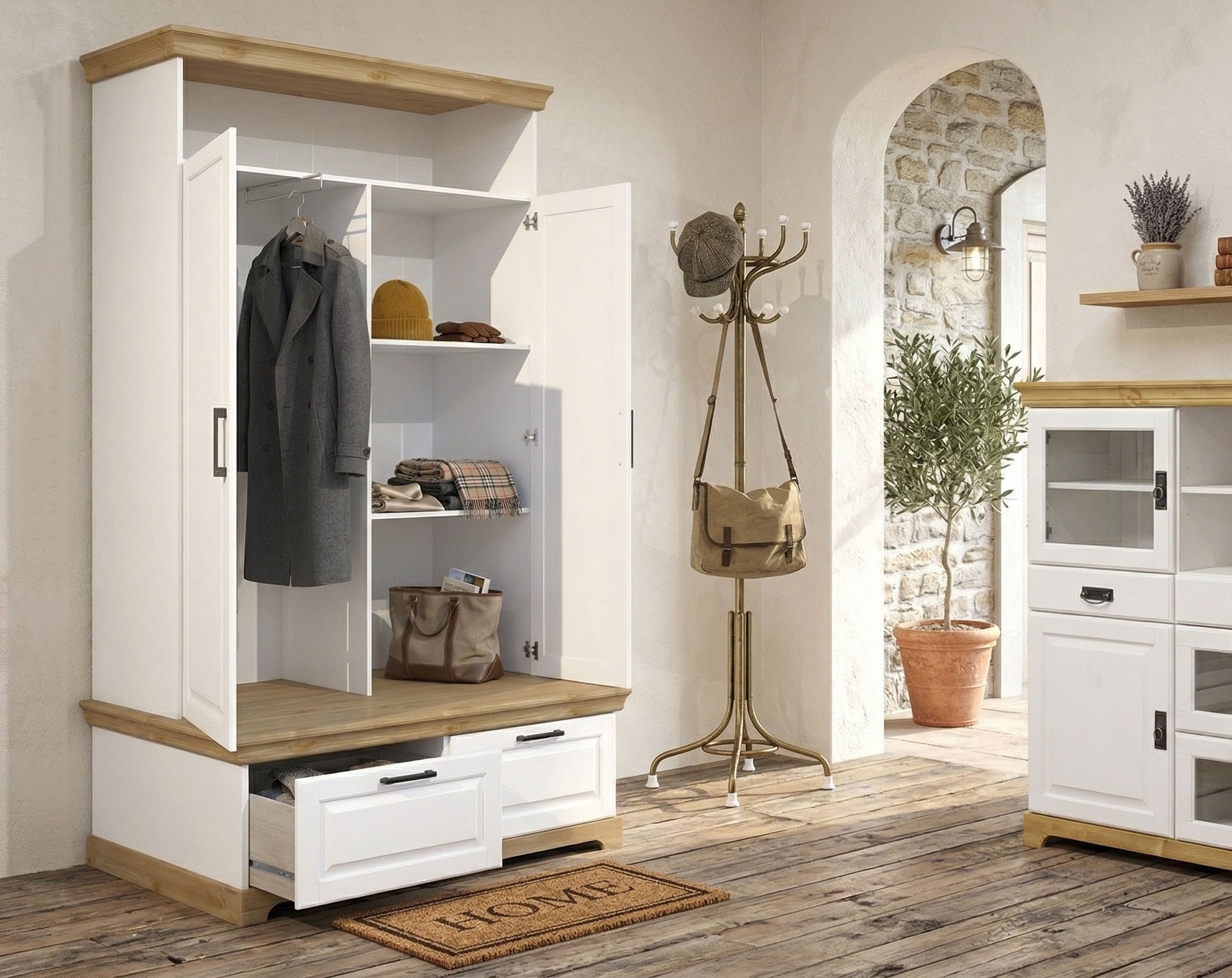 GOODproduct Wäscheschrank »Rügen XXL– Landhaus-Charme mit maximalem Stauraum, zeitlos schön« B/H/T ca. 127/216/70 cm,  Integrierte Sitzbank + Schubladen: Stauraum für Schlafzimmer+Diele