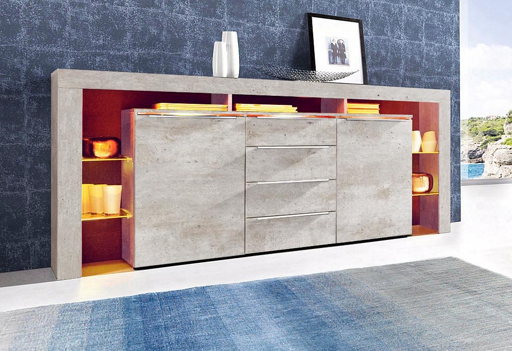 Image of borchardt Möbel Sideboard "Lima, Breite 192cm mit Metallgriffen und Glasböden" Sehr viel Stauraum, 2 Türen, 4 Schubfächer, eleganter Überbau