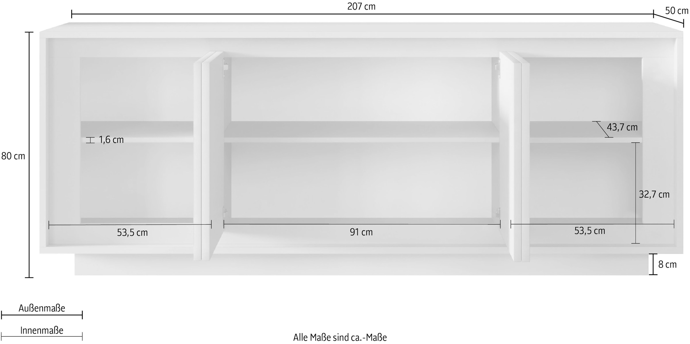 Home affaire Sideboard »Sky, B/T 207/50 cm, Kommode/Anrichte/Stauraumschrank, 4 Türen« Softclosing, Korpus & Front 22 mm stark, Rahmen-Optik