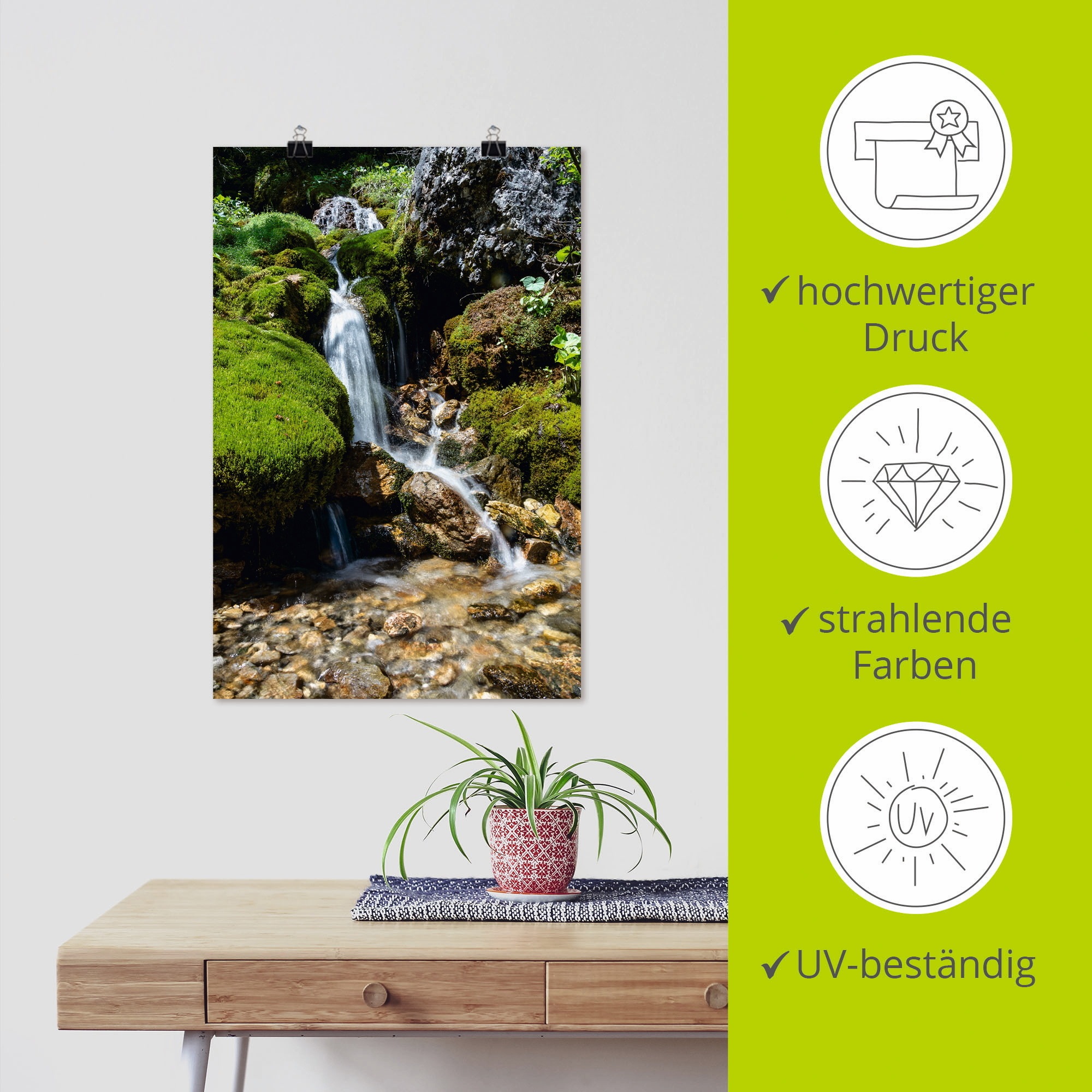 Artland Wandbild »Kleiner Wasserfall in den Bergen«, Gewässer, (1 St.), als Leinwandbild, Poster, Wandaufkleber in verschied. Grössen