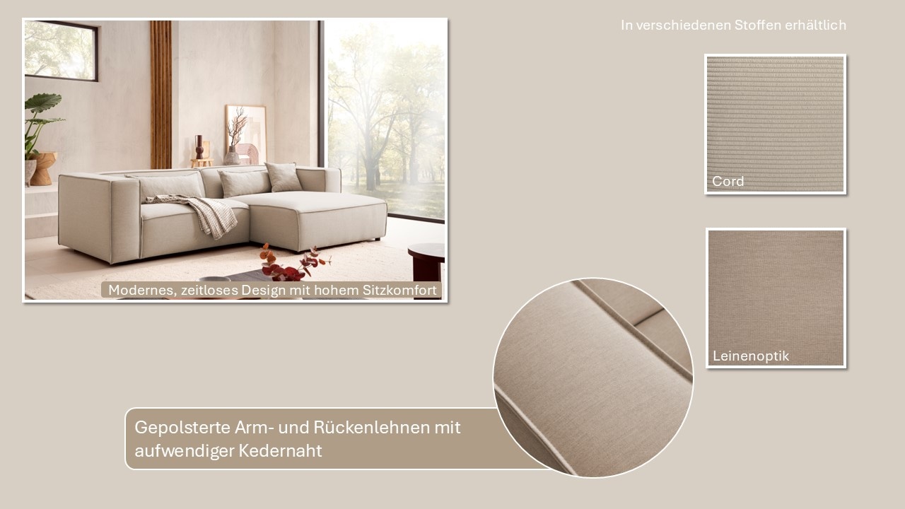 LeGer Home by Lena Gercke Ecksofa »PIARA mit Kedernaht in Cord oder Leinenoptik, moderne Couch in L-Form«, wahlweise Ottomane rechts/links, schwarze Füsse, bequemer Sitzkomfort