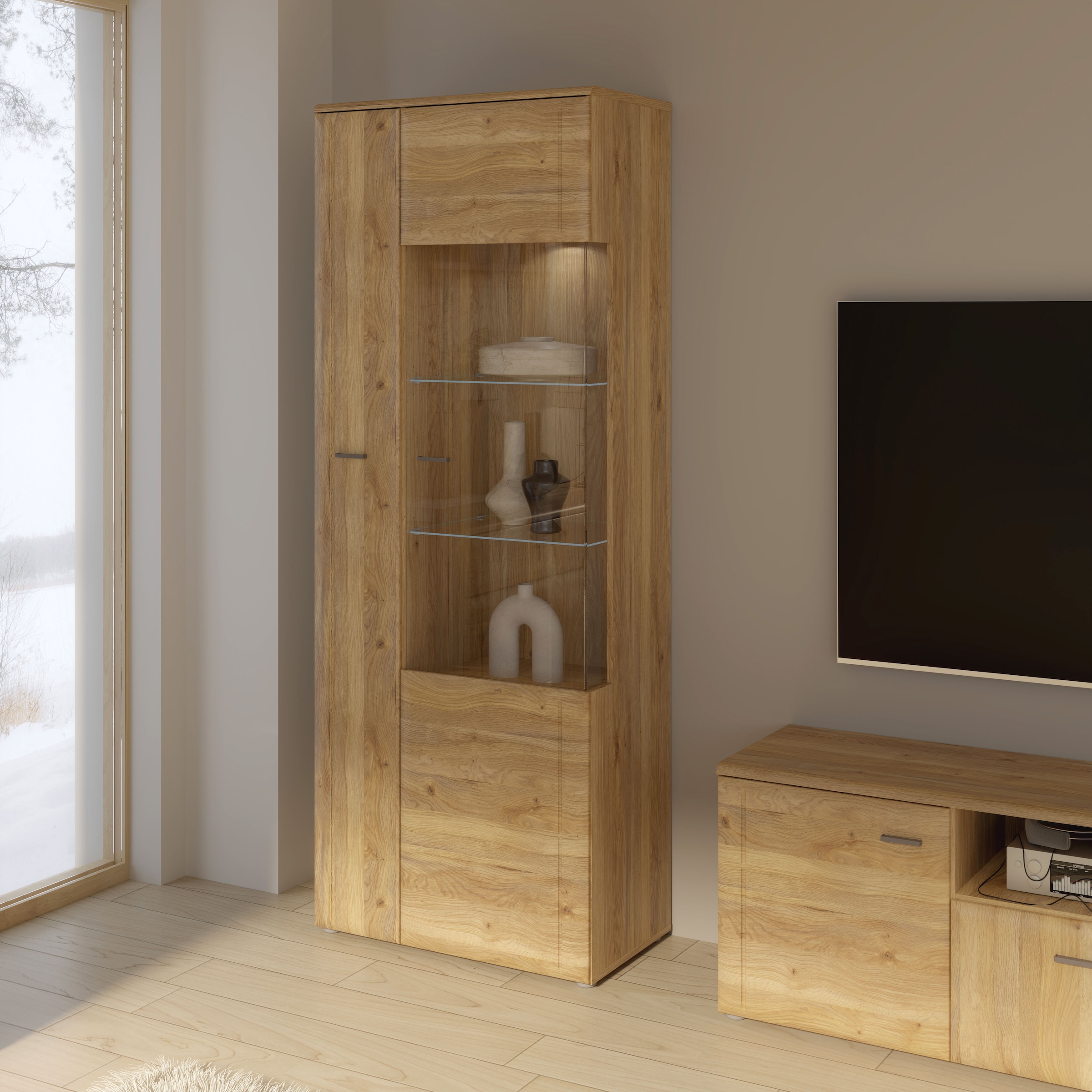 FORTE Vitrine »Akinori« B/H/T 75,1/197,6/41,8 cm,  Highboardvitrine, Glastüre , Soft Close, MDF Front, Metallgriffe