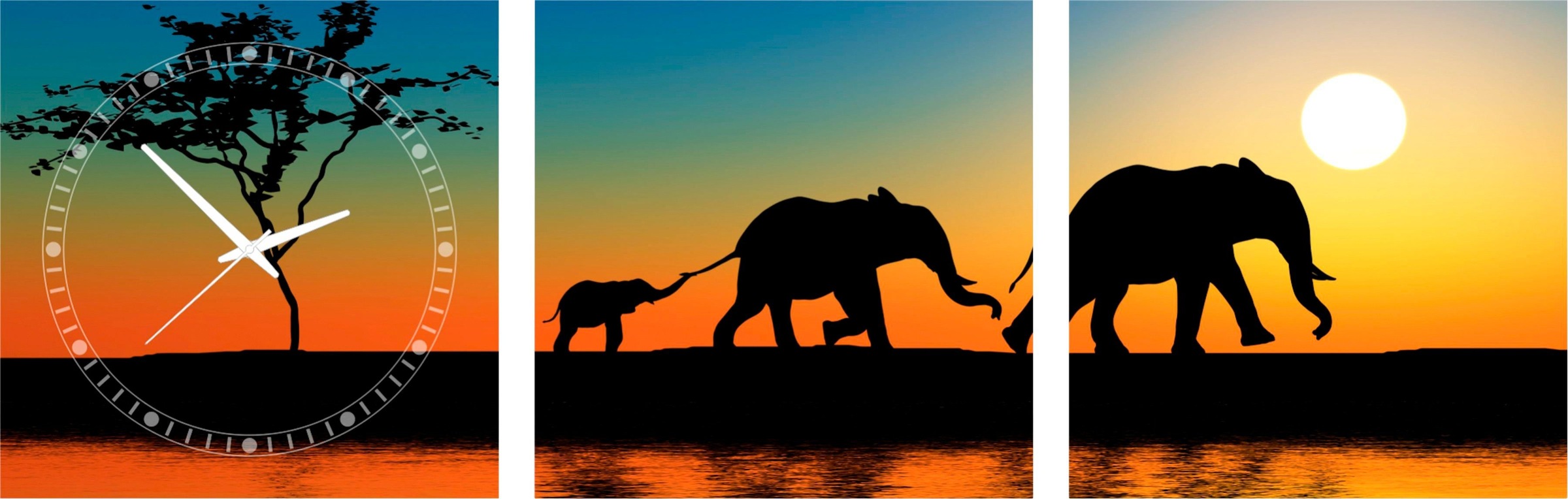Image of Conni Oberkircher´s Bild mit Uhr »Walking Elephants - Elefanten am Horizont«, Elefanten, (Set), mit dekorativer Uhr, Wildtiere, Sonnenuntergang bei Ackermann Versand Schweiz
