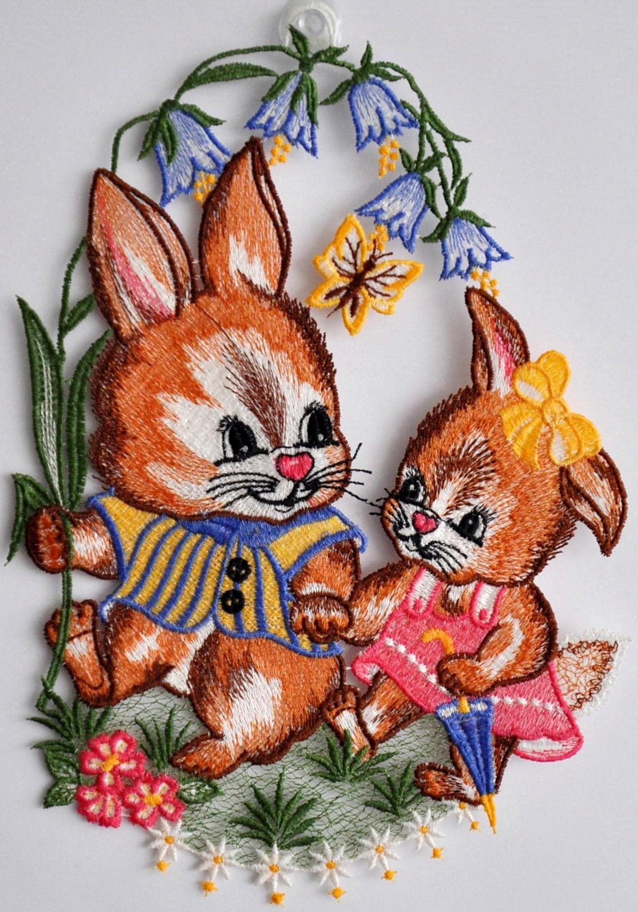 Image of Stickereien Plauen Fensterbild "Fensterbild Osterhasen" Echte Plauener Spitze