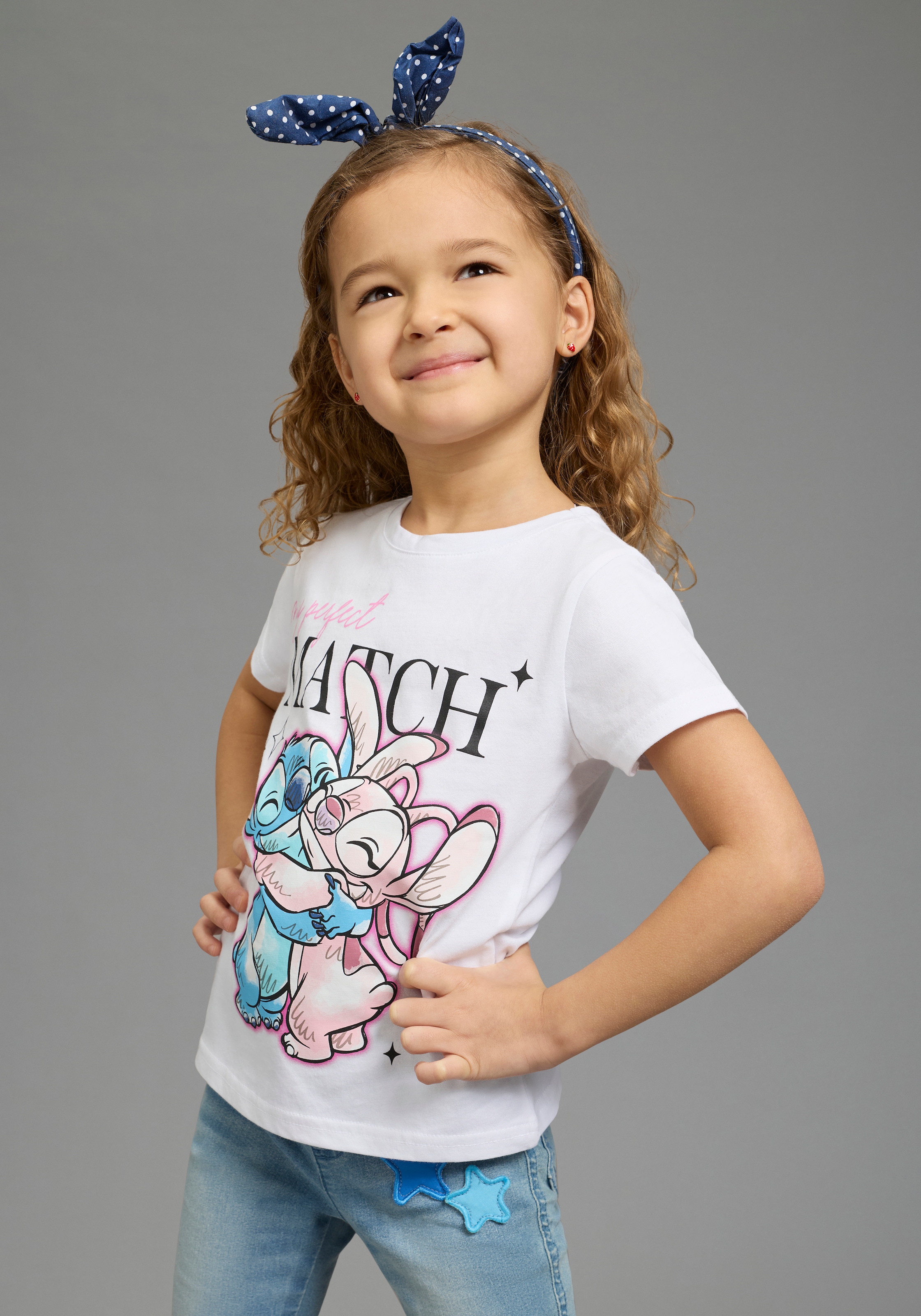 Image of KIDSWORLD T-Shirt "STITCH: perfect match - Disney Shirt" Kurzarm, mit Rundhalsausschnitt, bedruckt, aus Baumwolle