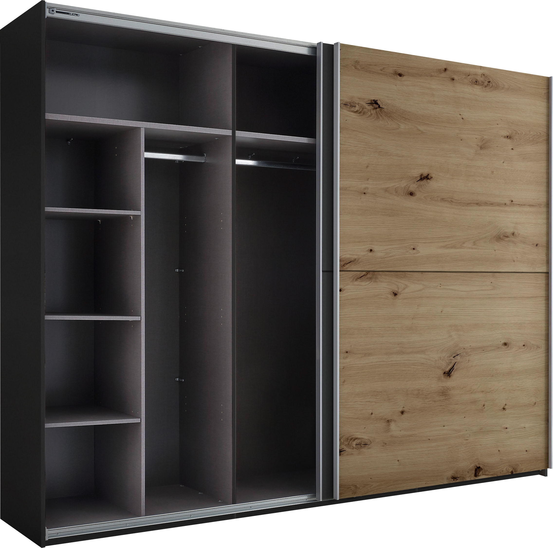 Schlafkontor Schwebetürenschrank »Mesio, 2-türiger Kleiderschrank, Schiebetürenschrank mit viel Stauraum«, inklusive Hoteleinteilungen aussen und Einlegeböden oben