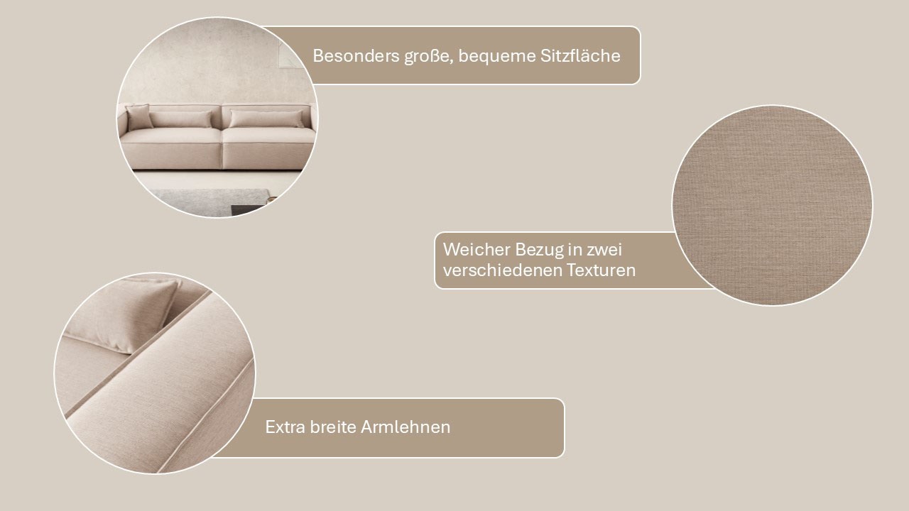 LeGer Home by Lena Gercke 3-Sitzer »PIARA, XXL Sofa mit Kedernaht, Big-Sofa in Cord oder Leinenoptik«, schwarze Füsse, bequemer Sitzkomfort, extra tiefe Sitzfläche